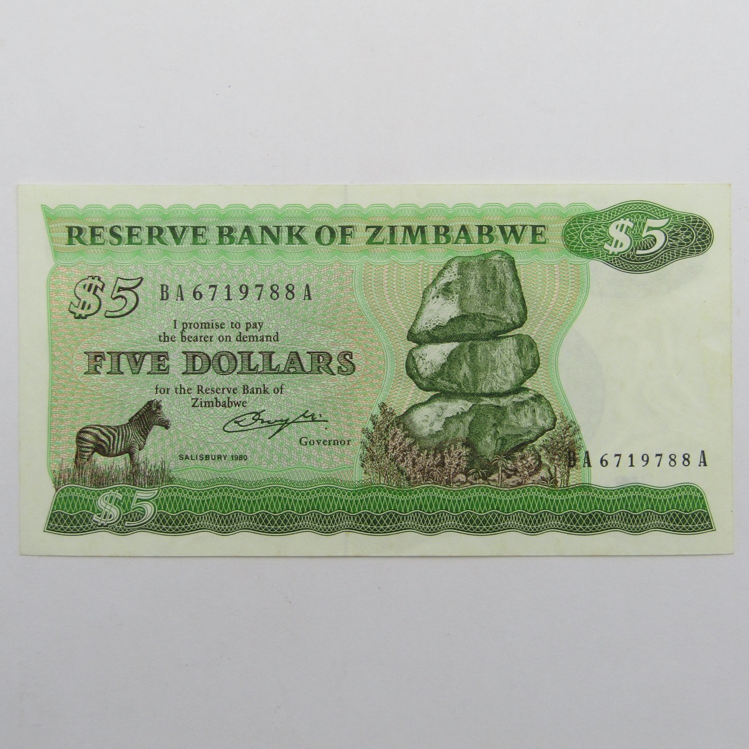 Zimbabwe 1980 5 Dollar uncirculated (UNC) banknote - Pick 2a - Short-neck bird watermark