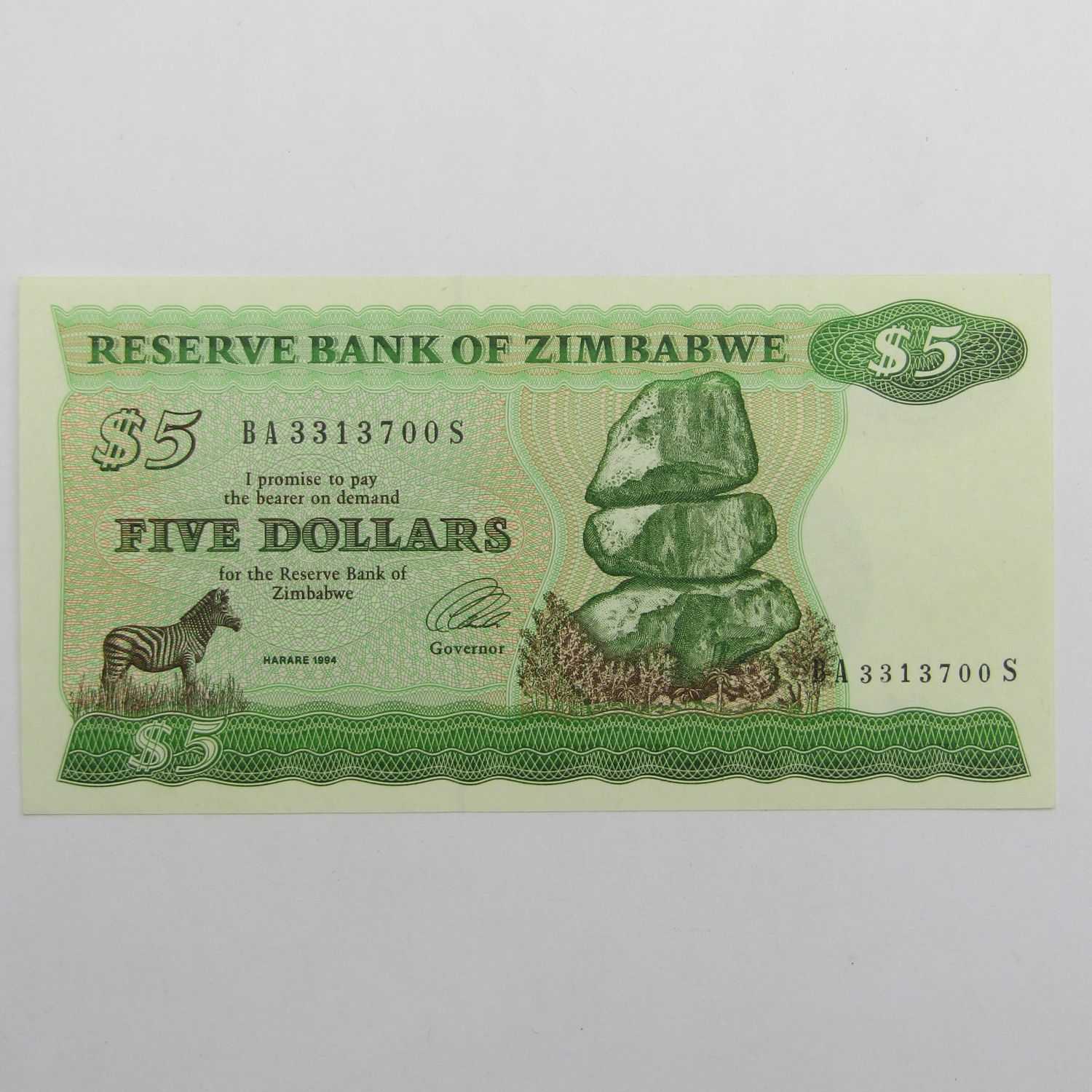 Zimbabwe 1994 5 Dollar uncirculated (UNC) banknote - Pick 2e - Long-neck bird watermark