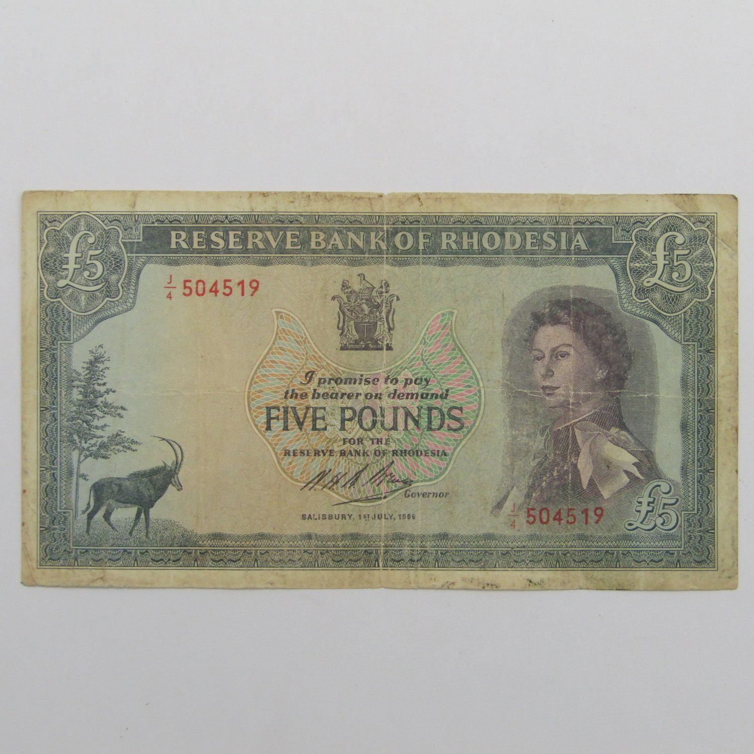 Rhodesia 1st of July 1966 Five Pounds banknote - well used