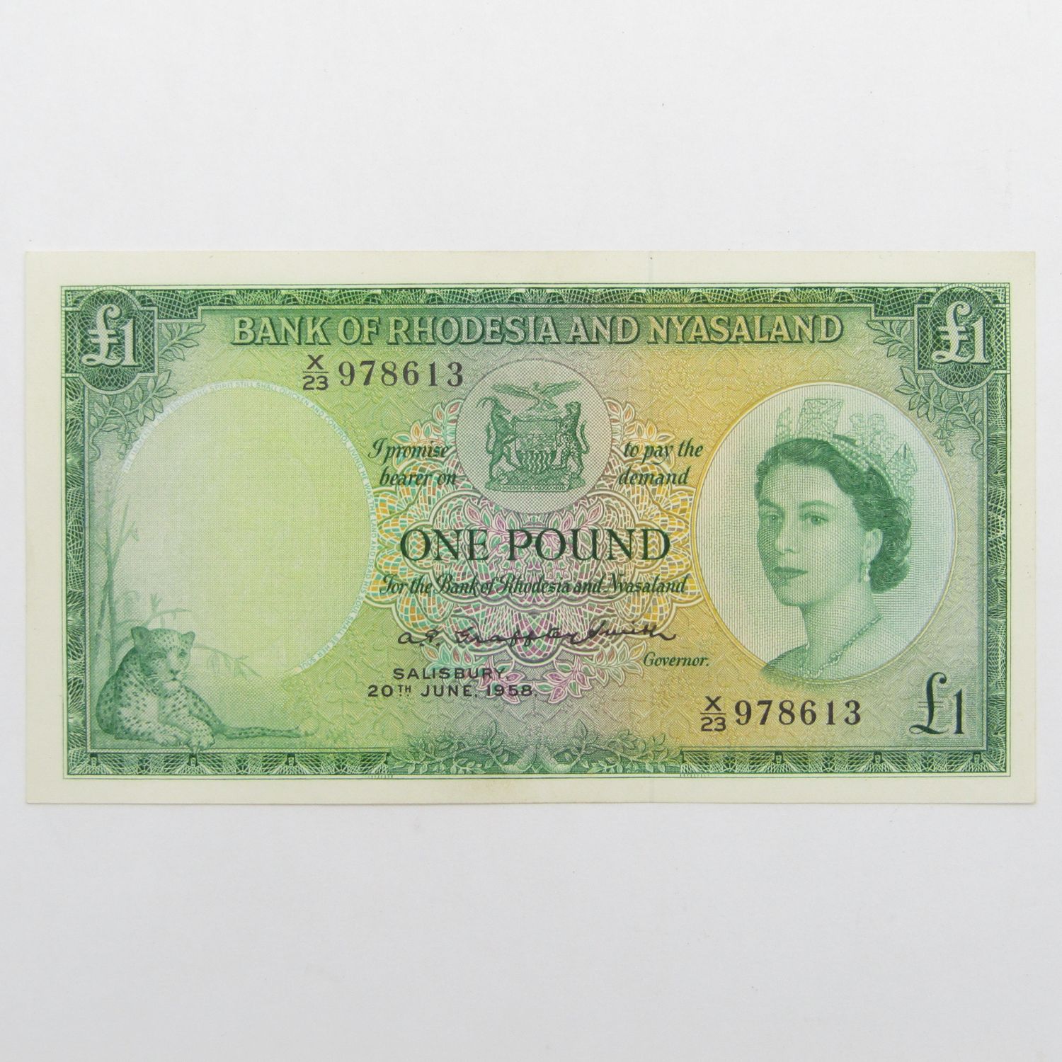 Rhodesia &amp; Nyasaland One Pound 1958 banknote - AU Condition - paperclip dent