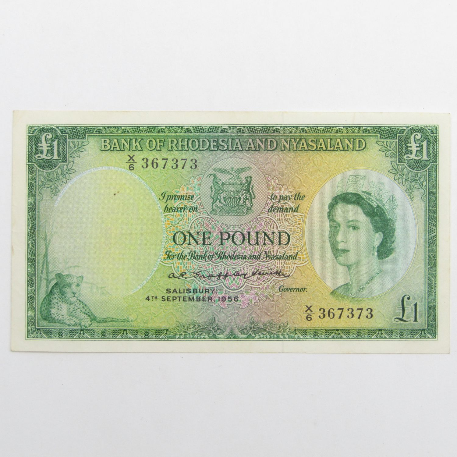 Rhodesia &amp; Nyasaland One Pound 1956 banknote - light creases - In AU condition
