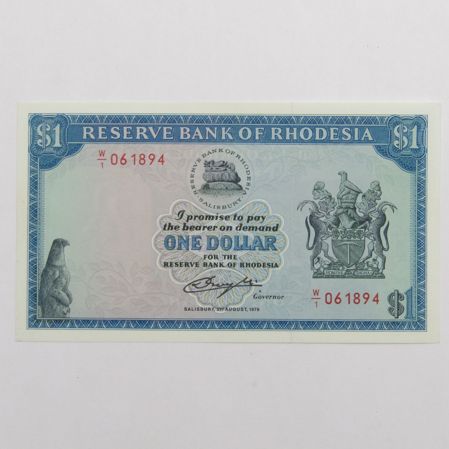 Rhodesia Uncirculated (UNC) One dollar W1 replacement banknote -  2 August 1979