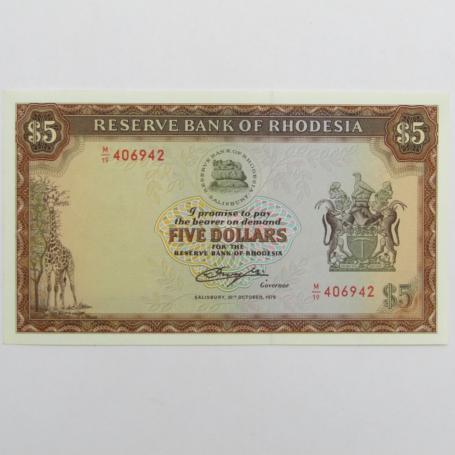 Rhodesia Five Dollars uncirculated (UNC) Banknote - 20 Oct 1978