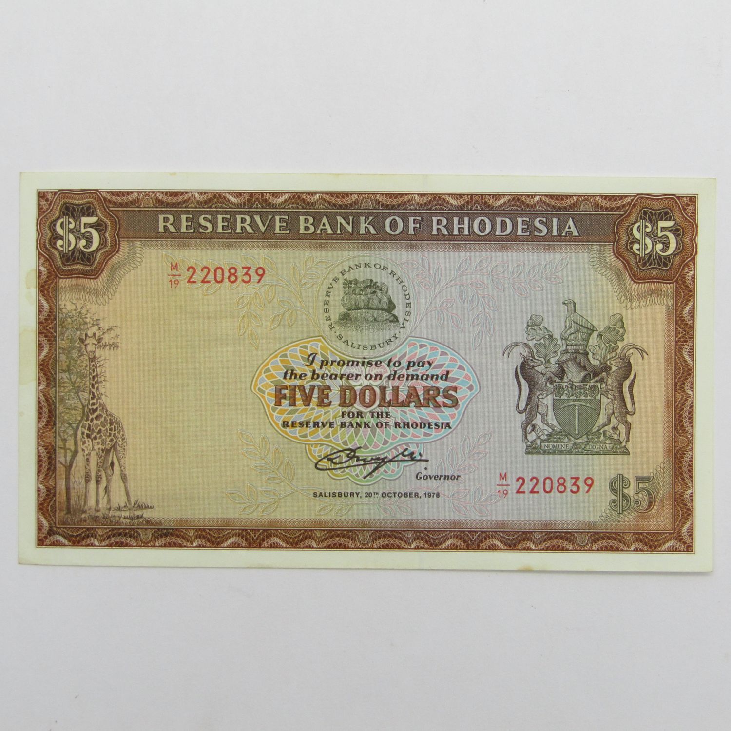 Rhodesia Five Dollars 20 Oct 1978 banknote - AU - light creasing