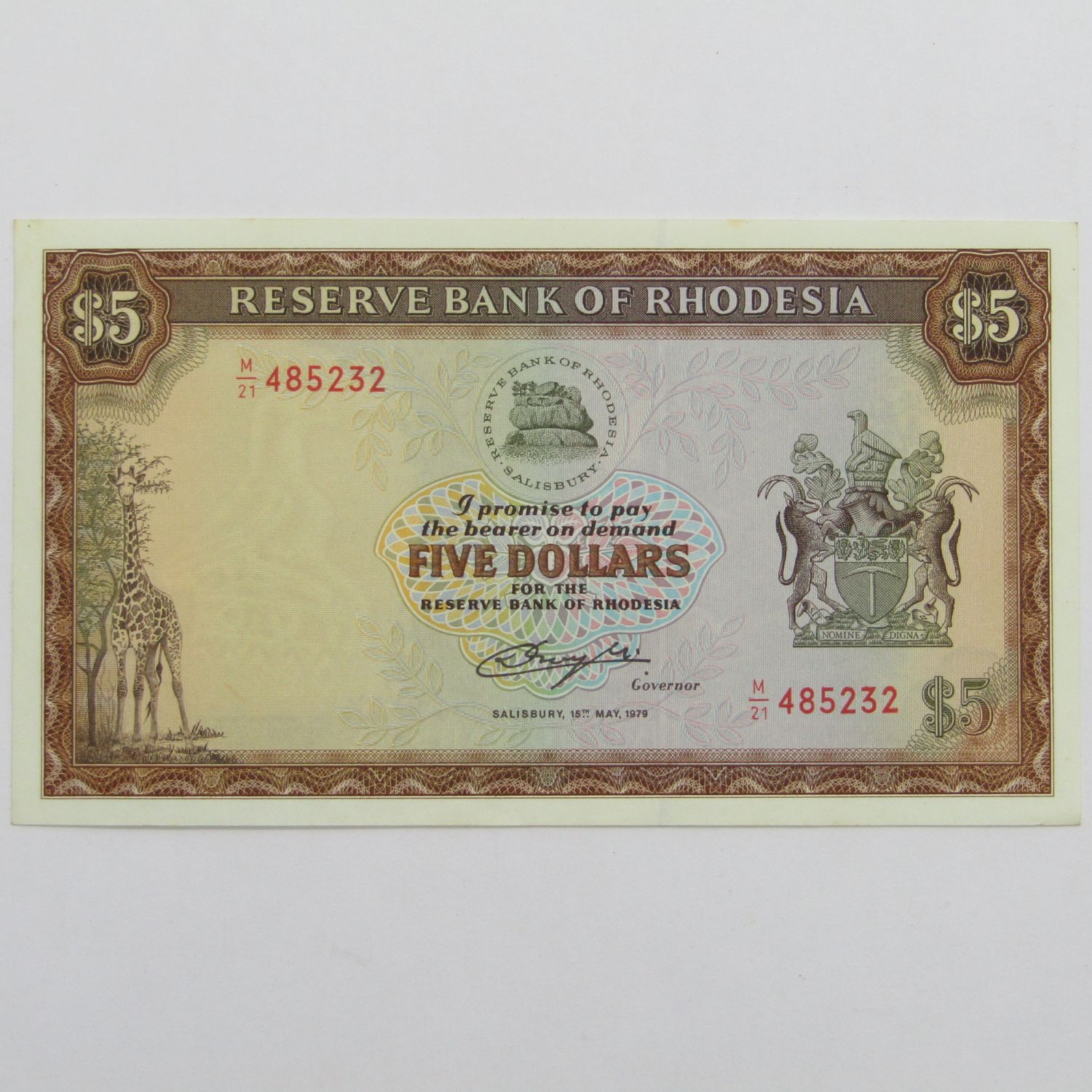Rhodesia Five Dollars 15 May 1979 banknote - AU - Single fold, light marks