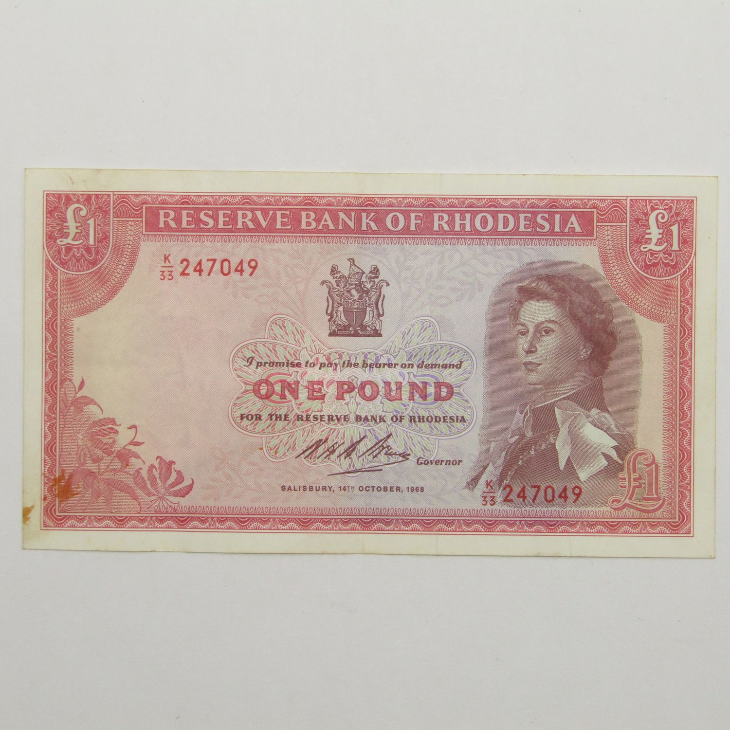 Rhodesia 14 Oct 1968 One Pound banknote - Pick 28d