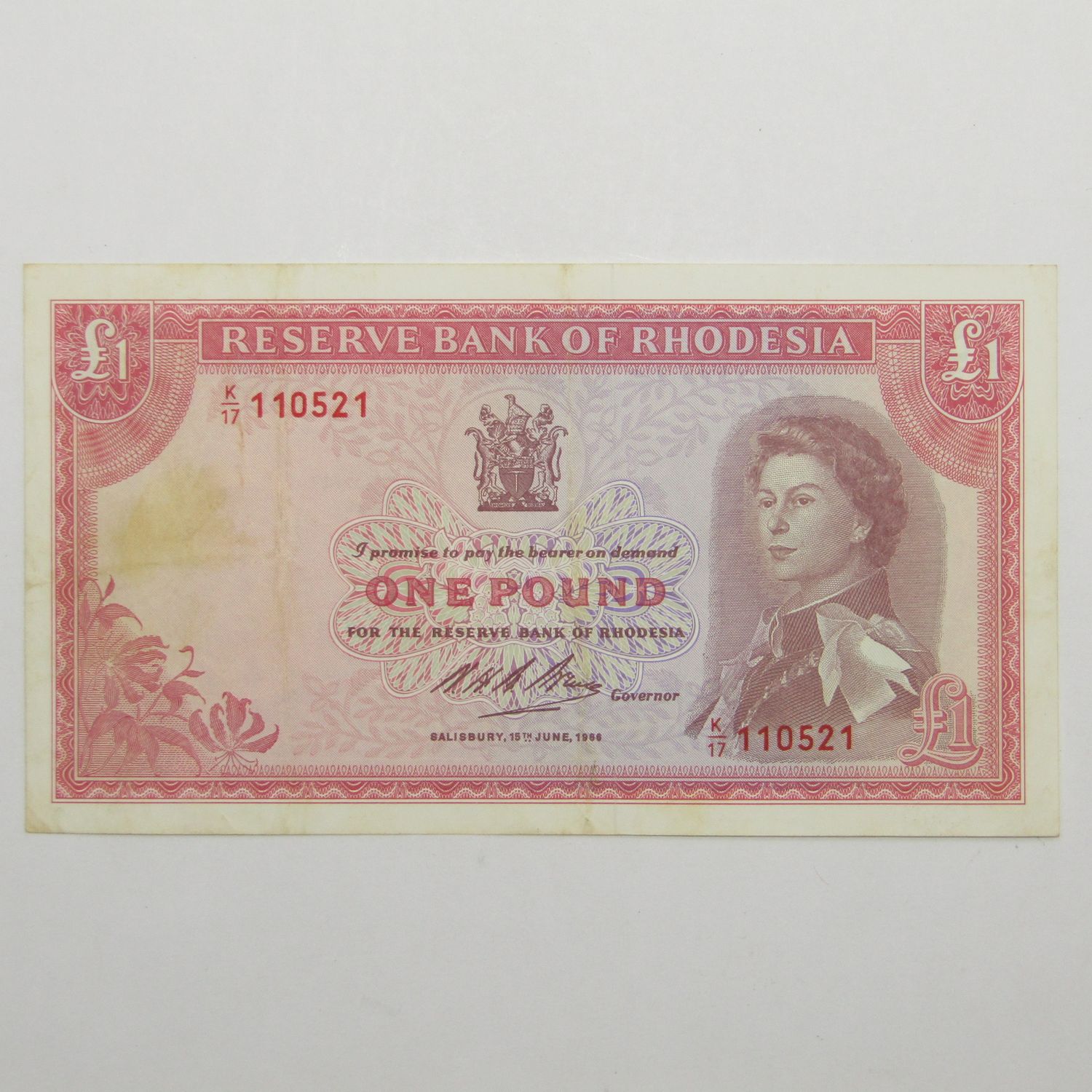 Rhodesia One Pound VF banknote 18 June 1966 - Pick 28a - yellow stain and creases