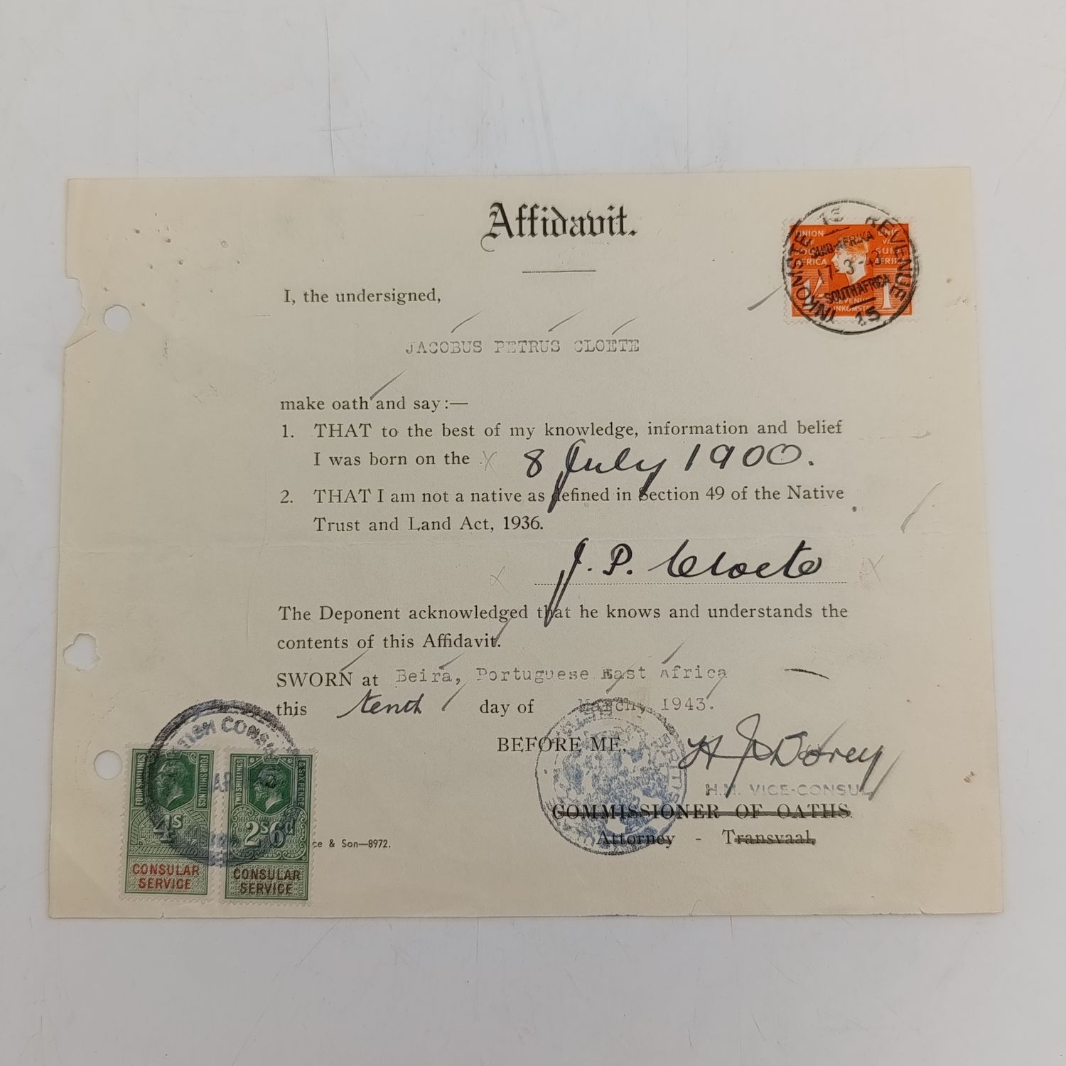 1943 Apartheid affidavit with Union and consular stamps - JP Cloete but done in Beira, Portuguese East Africa