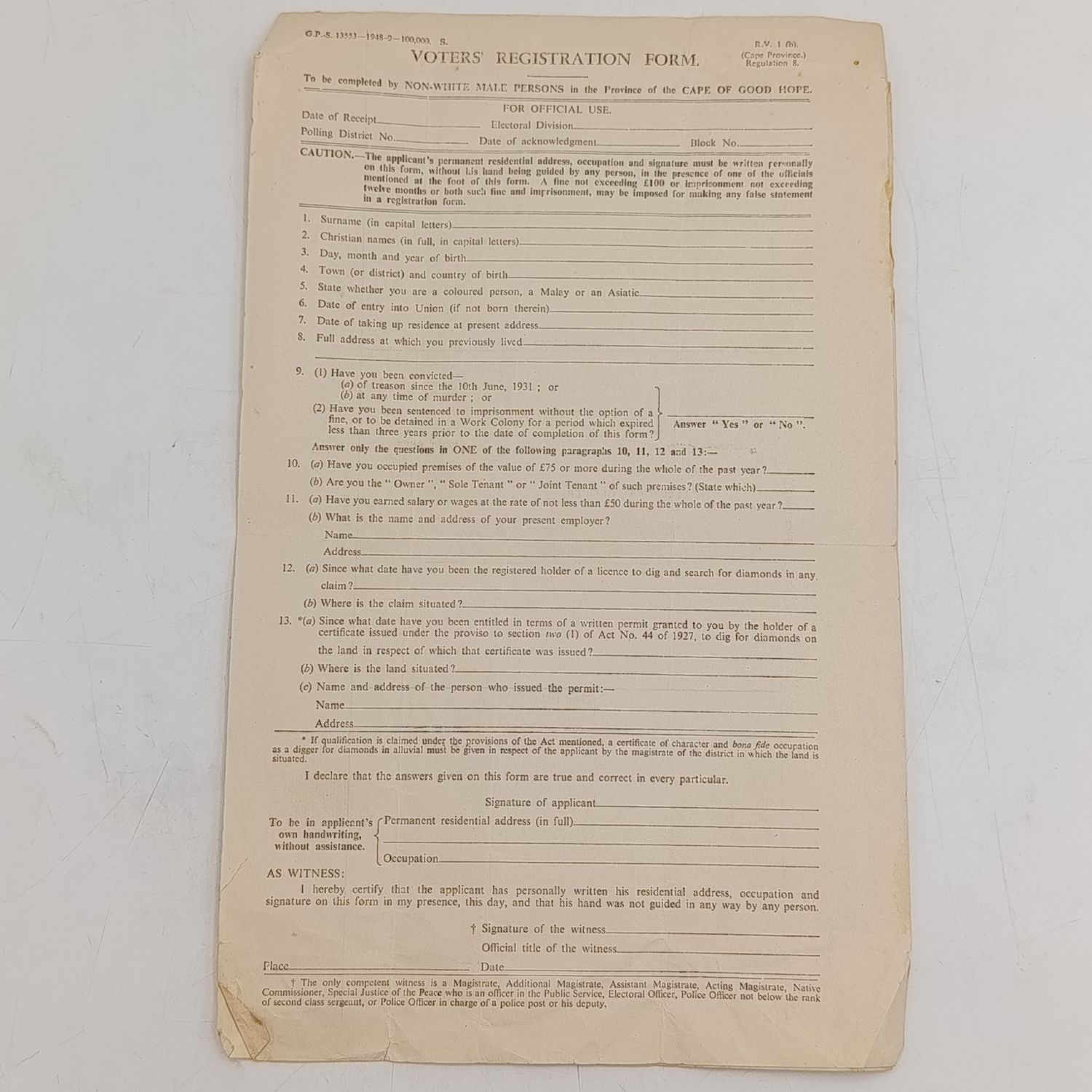 1948 Non-white male voters&#39; Registration Form - for the Cape of Good Hope province - Pair