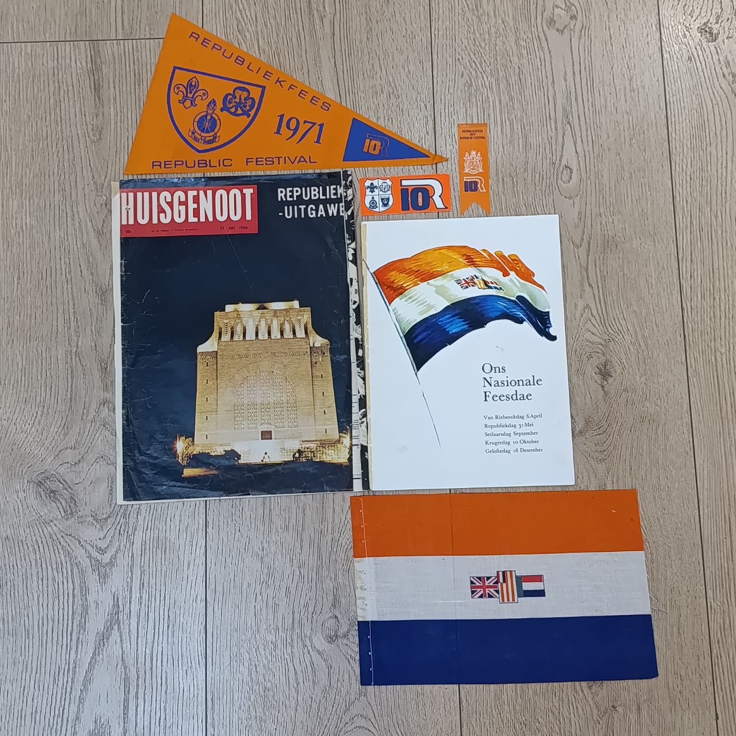 South Africa Republic Festival memorabilia/souvenirs 1971 10 year festival flag, small SA flag and various other items