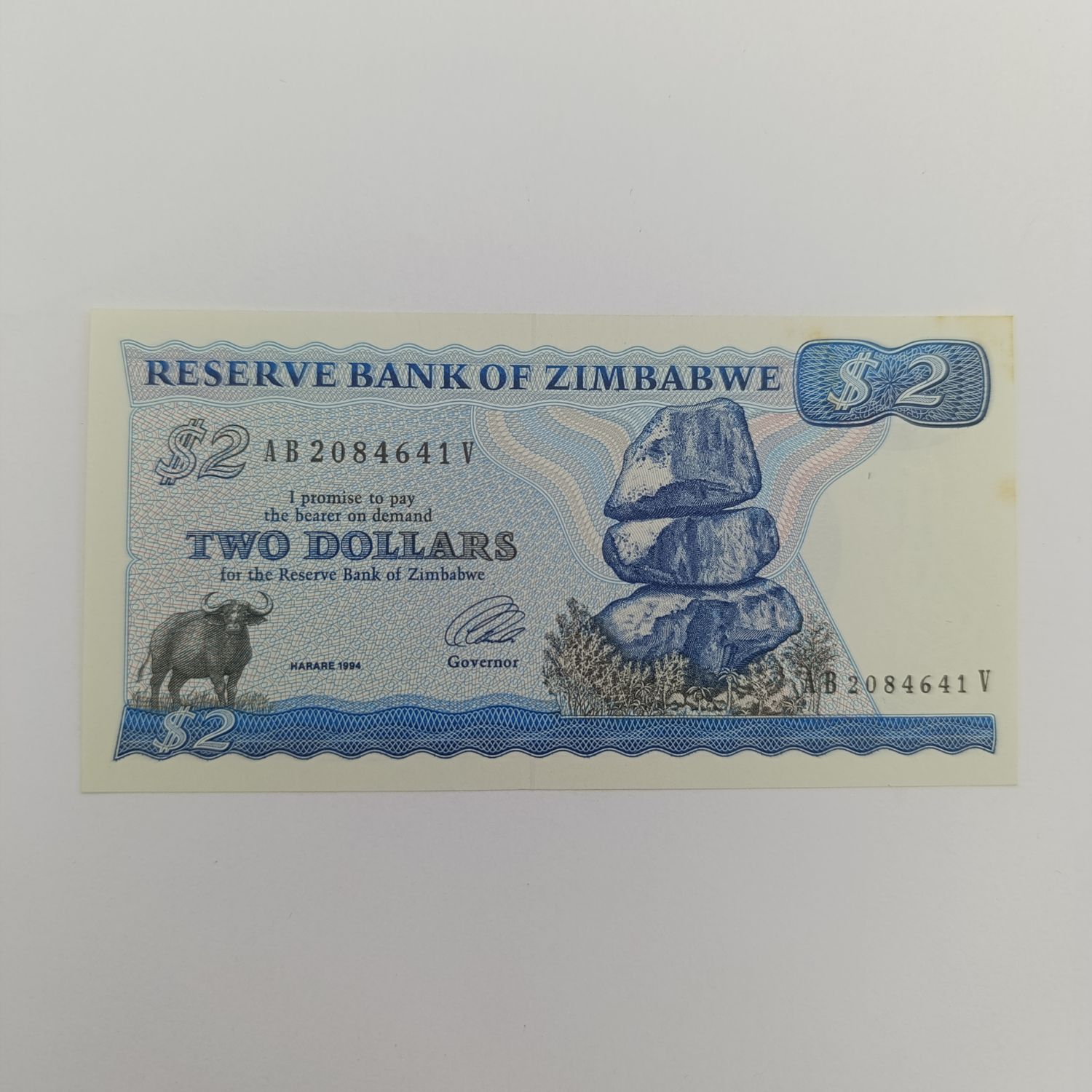 Zimbabwe $2 uncirculated banknote Pick 1d Harare 1994 long neck watermark