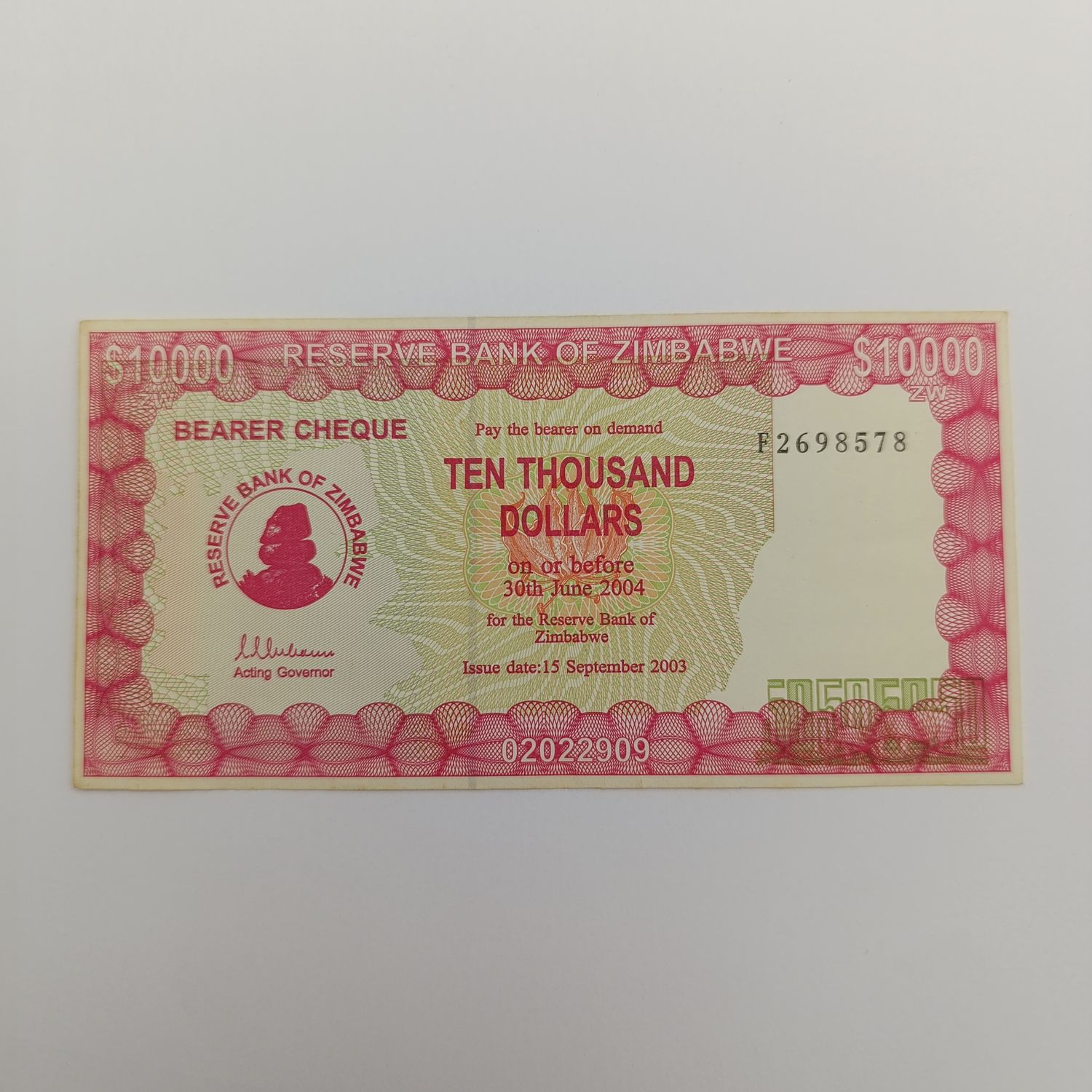 Zimbabwe $10000 bearer cheque issued 15 Sept 2003 AU+