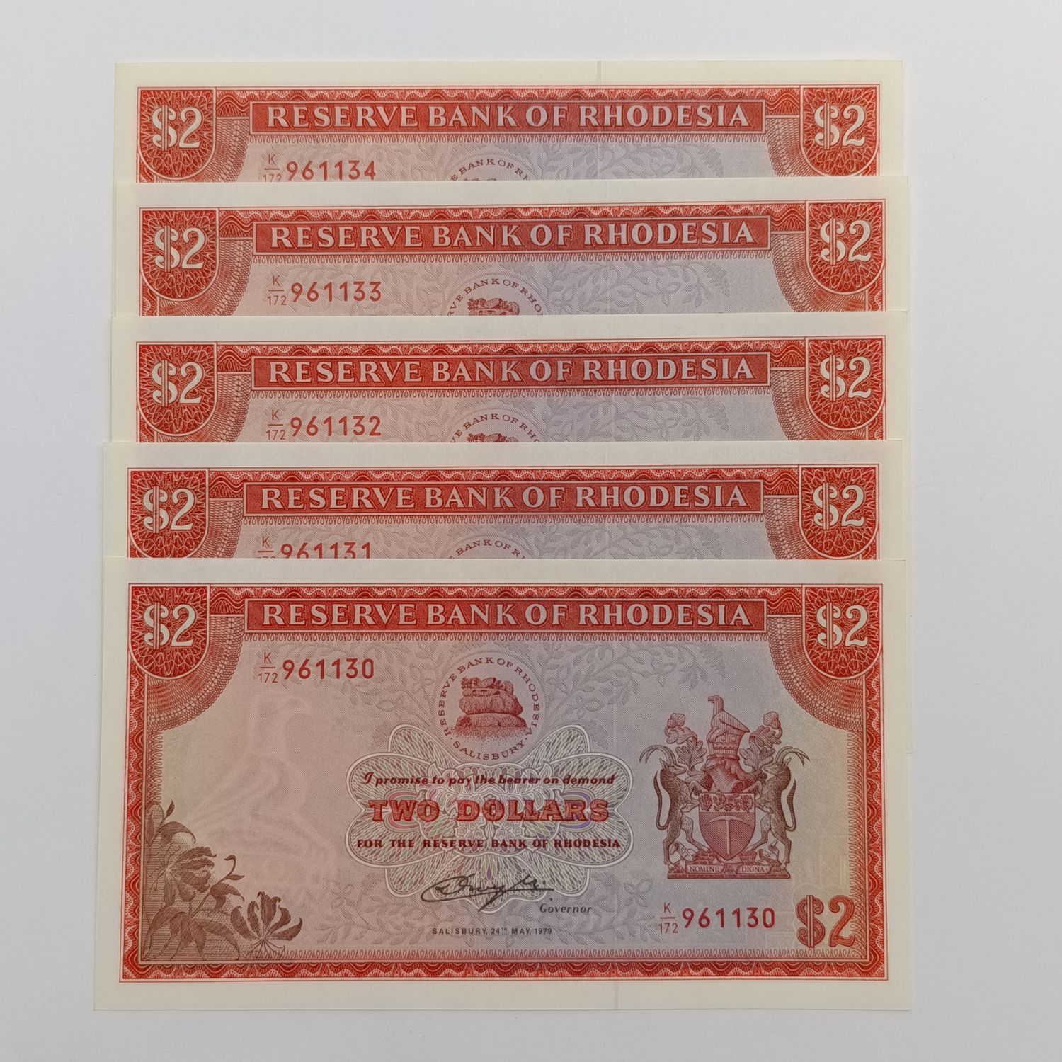Rhodesia Two dollars banknotes 24 May 1979 consecutive lot of 5 uncirculated notes