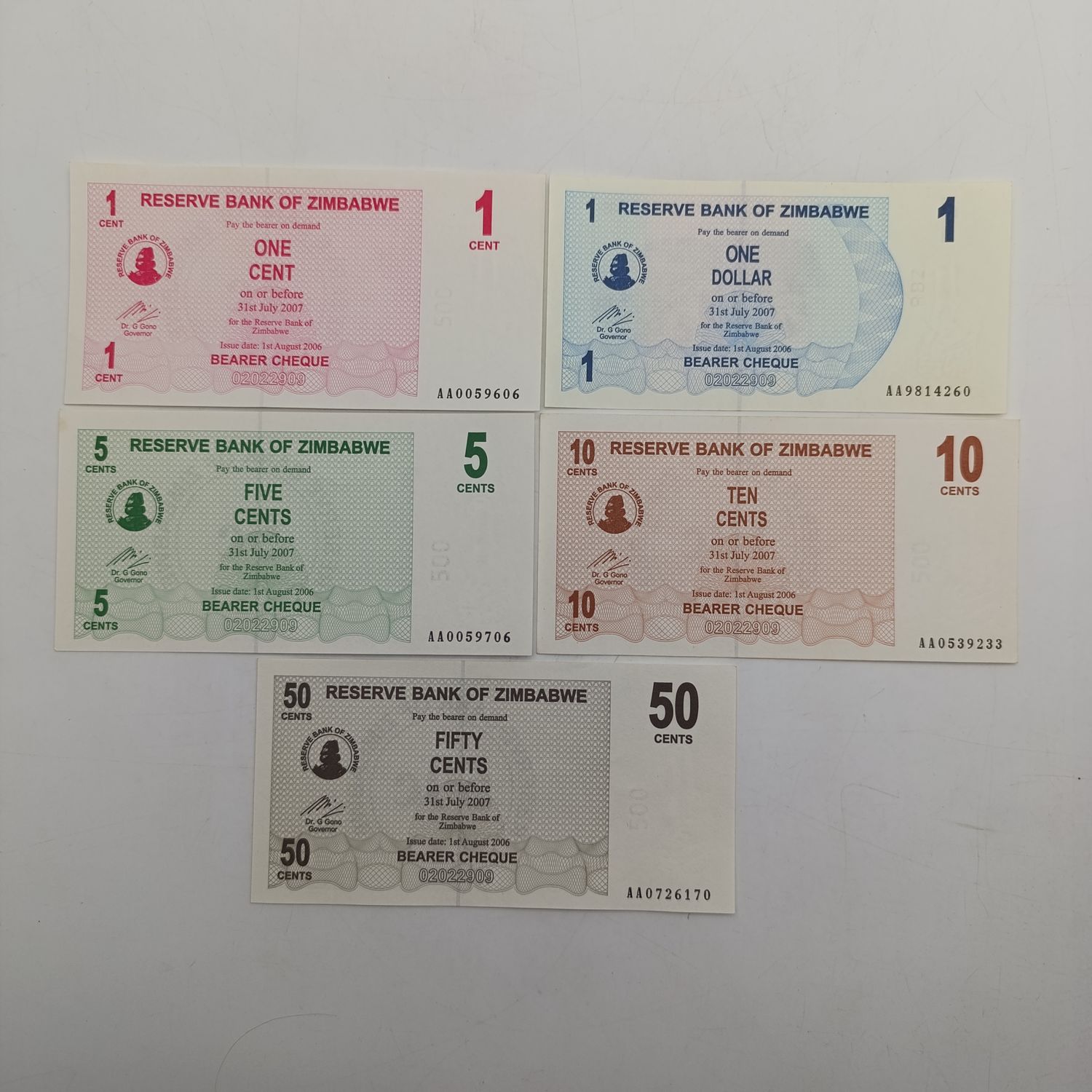 Zimbabwe 1 August 2006 set of lowest denomination bearer cheques - 1 cent to 1 dollar uncirculated - hard to get - AA series