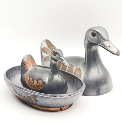 Set of a 7 trinket bowl ducks - pewter &amp; brass 5cm to 17cm