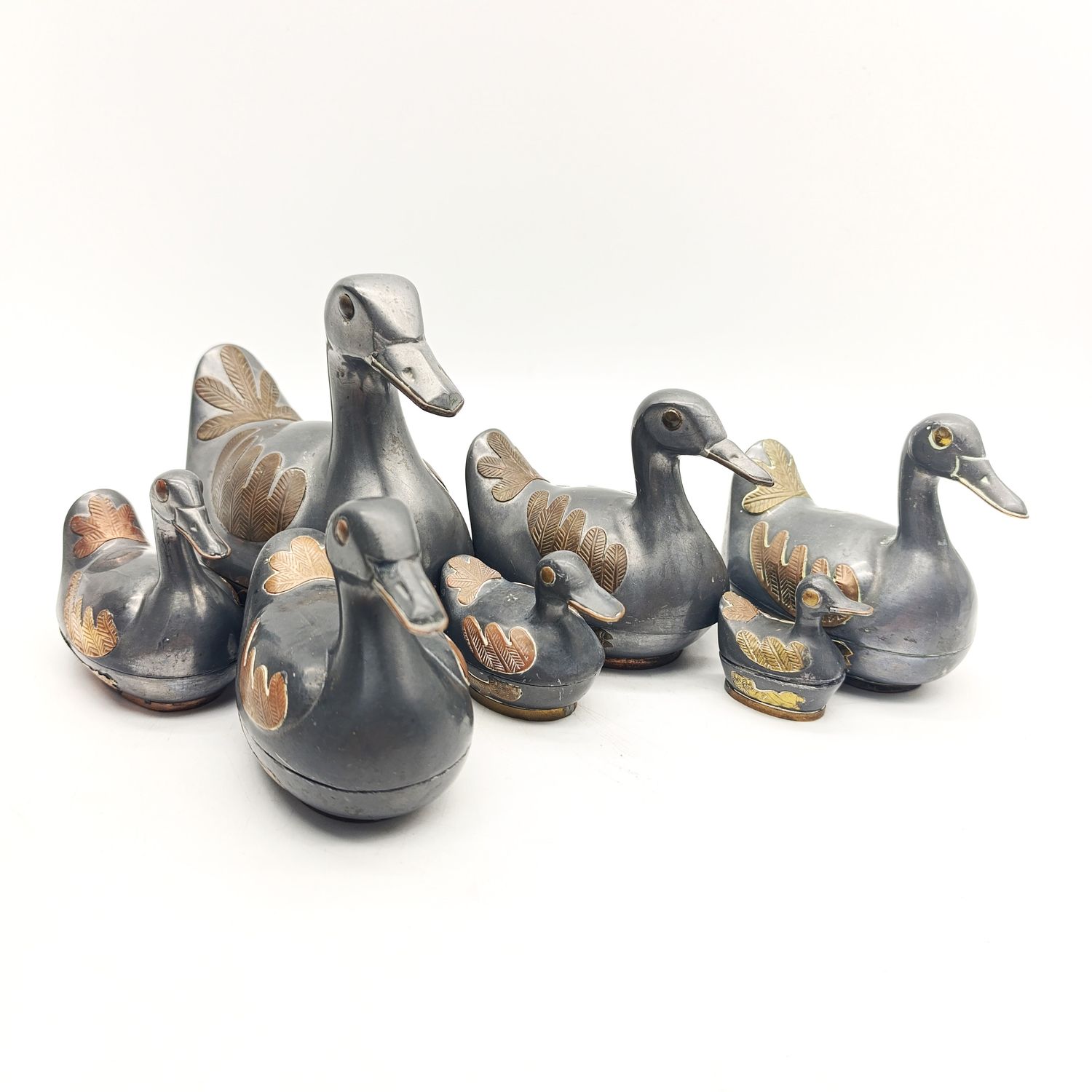 Set of a 7 trinket bowl ducks - pewter &amp; brass 5cm to 17cm