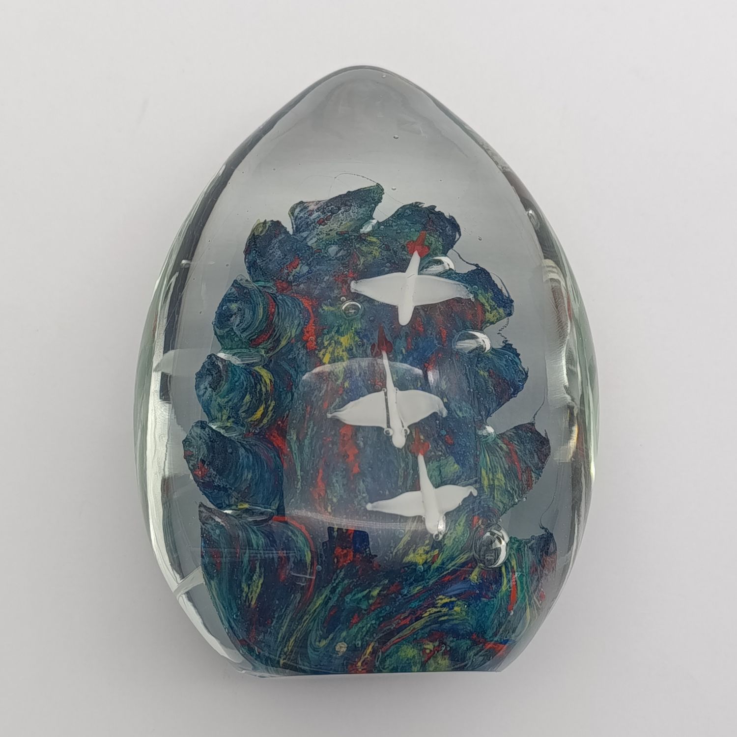 Vintage glass Paper weight with Colourful ocean and flying ducks