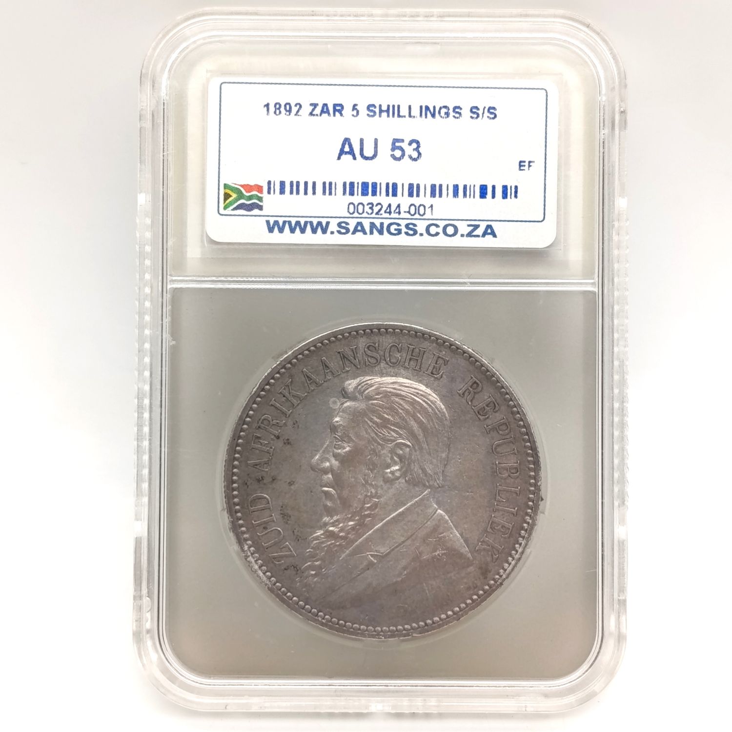 1892 ZAR Kruger silver 5 shilling crown single shaft graded AU53 by SANGS