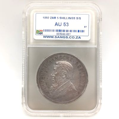 1892 ZAR Kruger silver 5 shilling crown single shaft graded AU53 by SANGS
