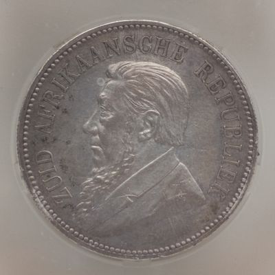 1892 ZAR Kruger silver 5 shilling crown single shaft graded AU53 by SANGS