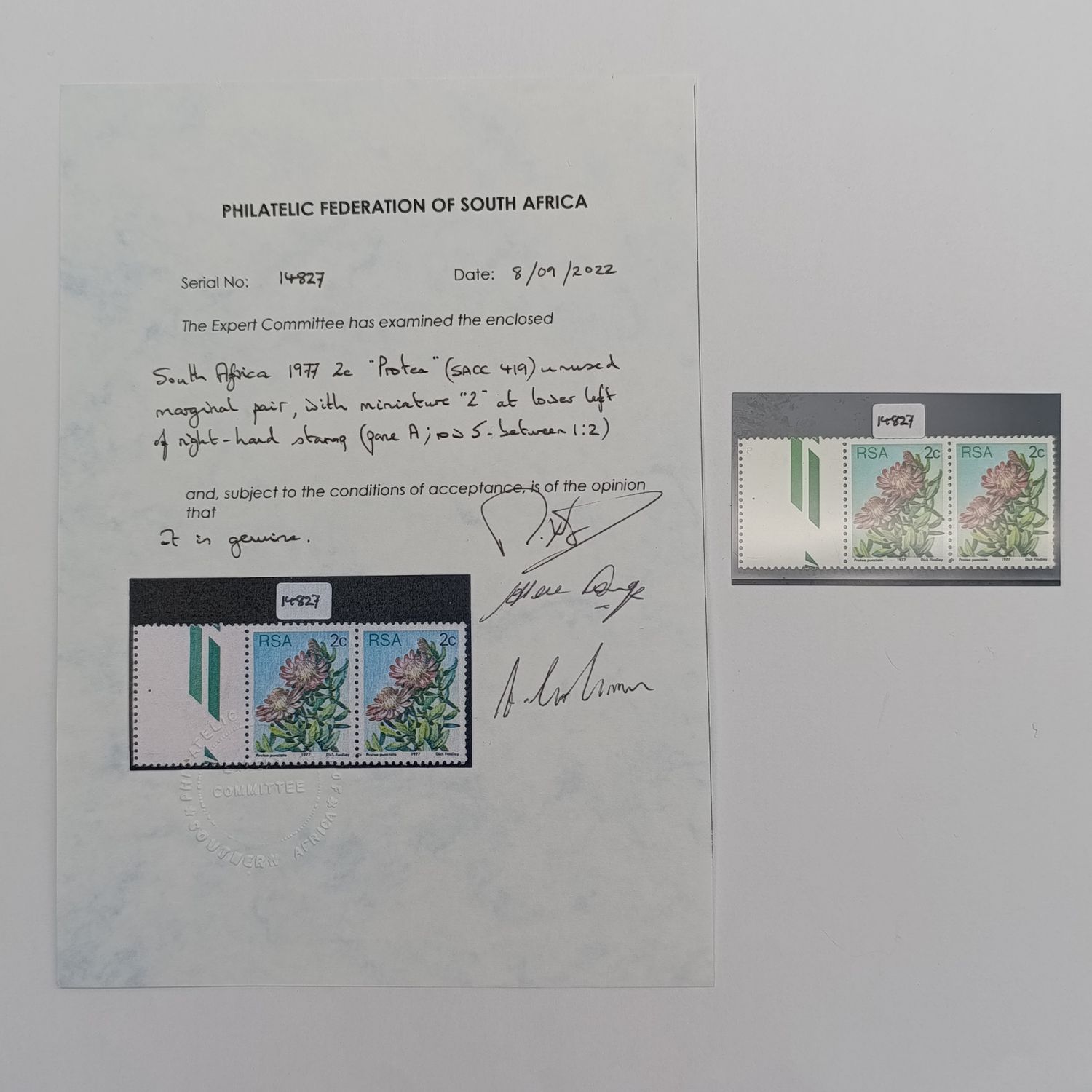 South Africa 1977 2c protea (SACC 419) unused marginal pair with miniature 2 at lower left of right hand stamp - with certificate