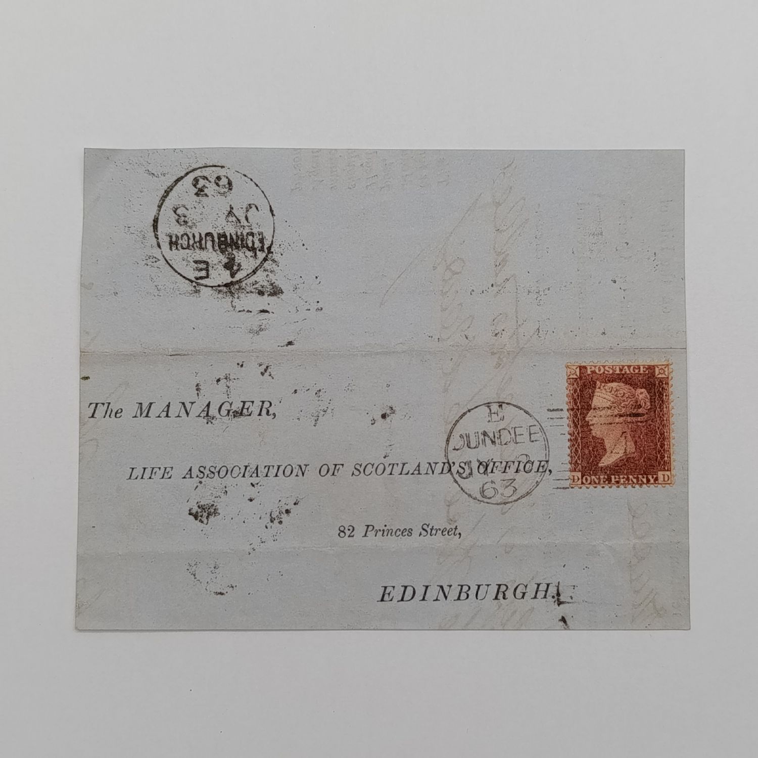 1863 Scottish part cover Dundee to Edinburgh pennyred with stars &amp; corner letters DD