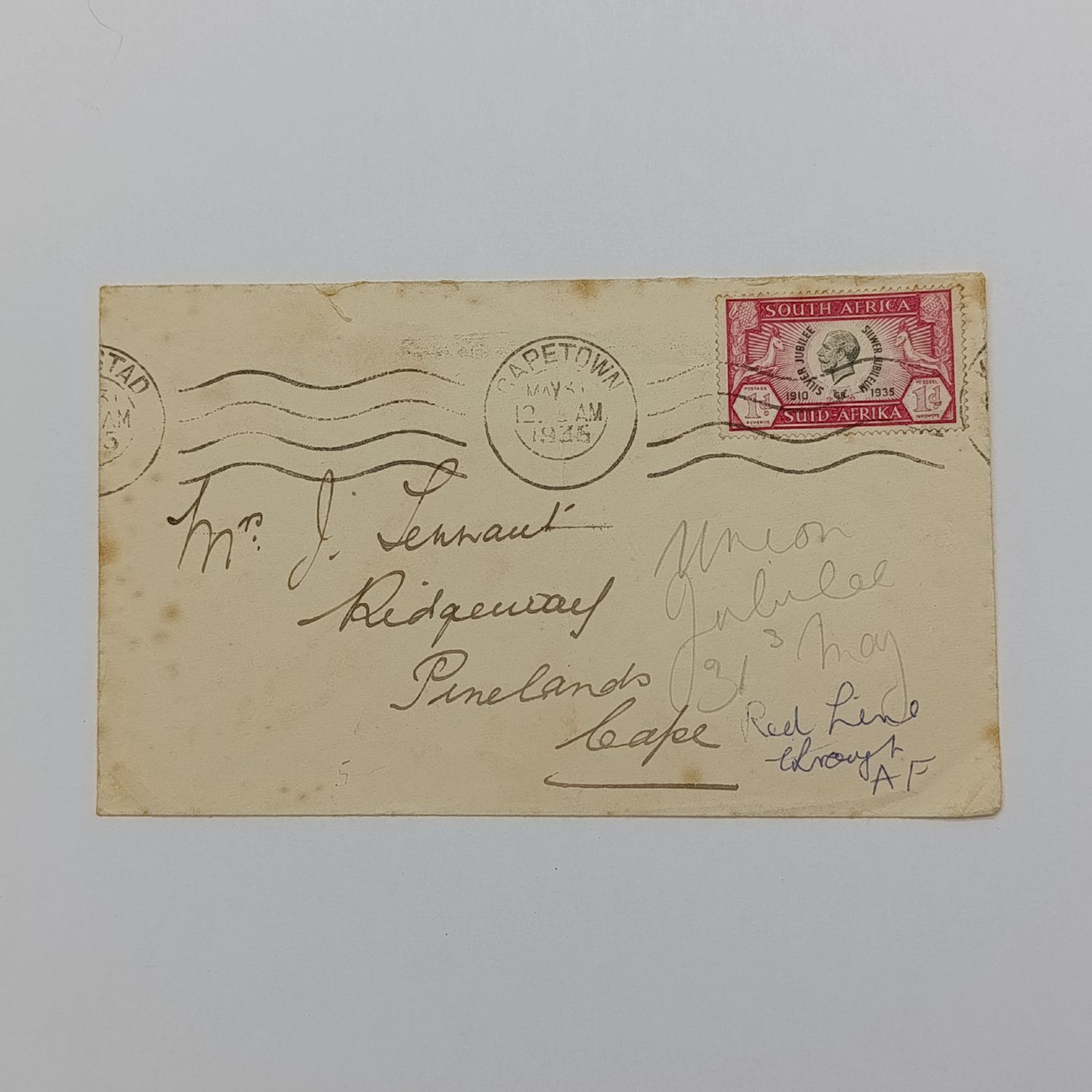 31 May 1935 Cover - Cape Town to  Pinelands 1d stamp with red line through AF of Suid Afrika