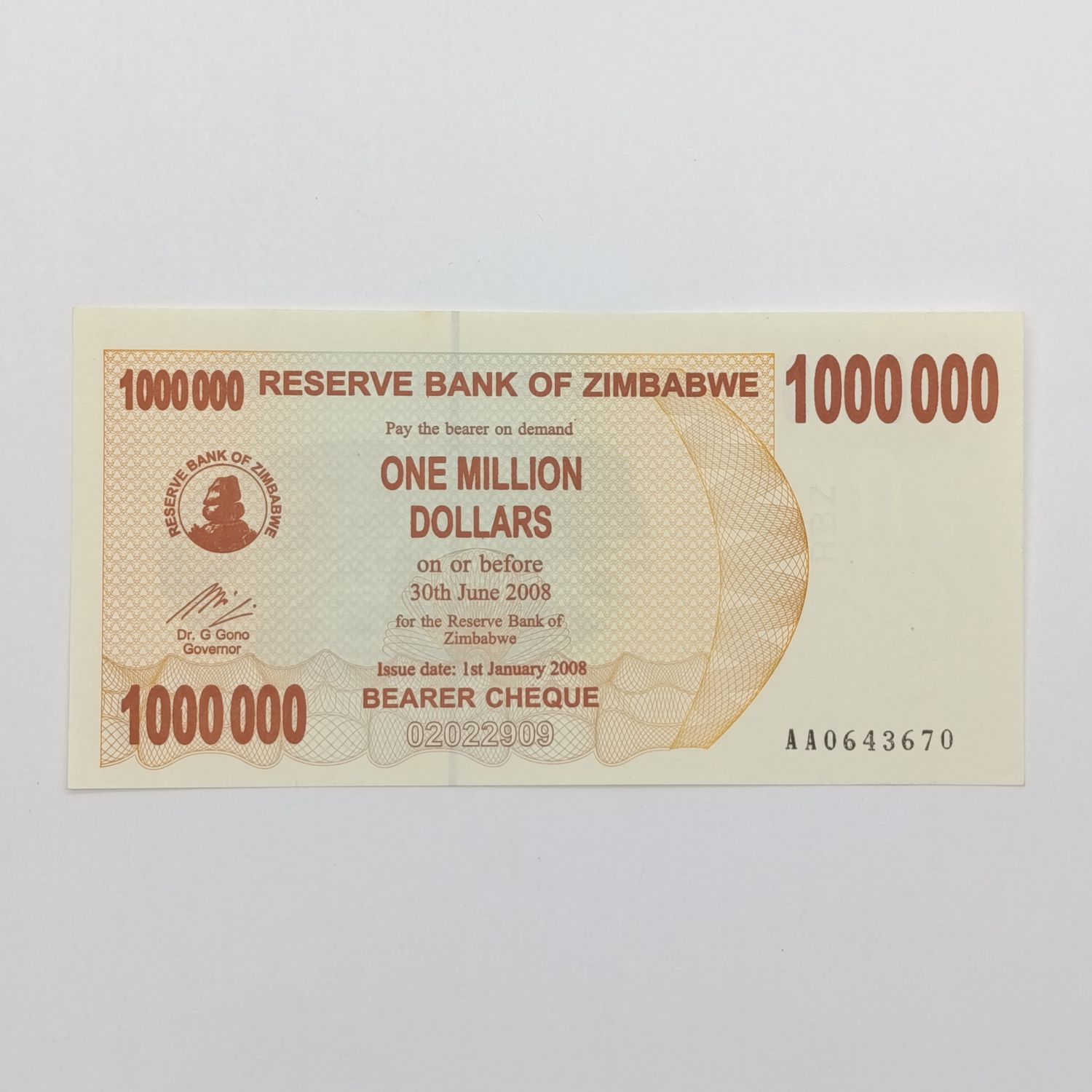 Zimbabwe one million dollars 1 Jan 2008 Bearer cheque AA series uncirculated