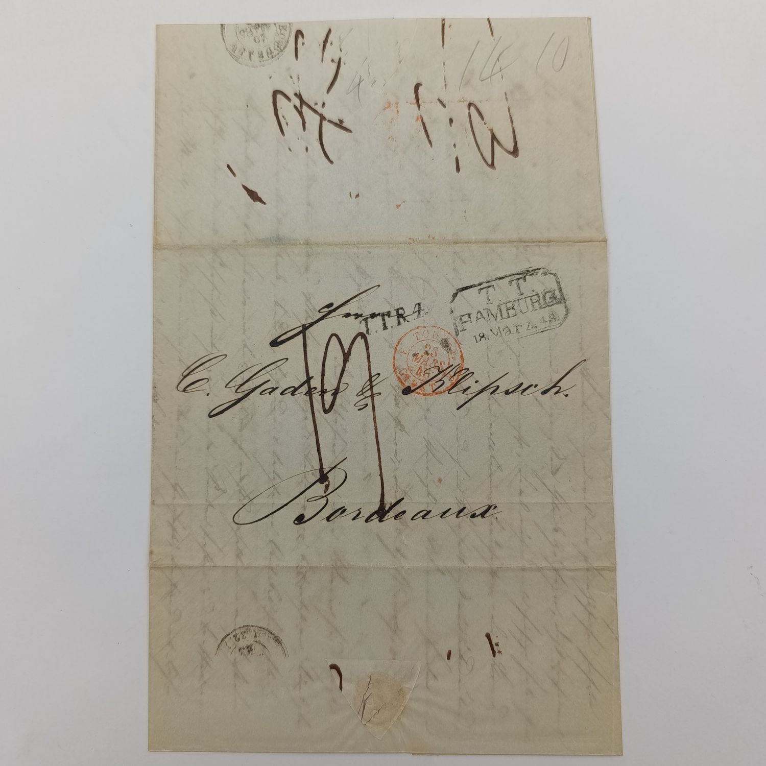 1843 letter from Hamburg to Bordeaux forwarded through the Thurn &amp; Taxis administration in Hamburg