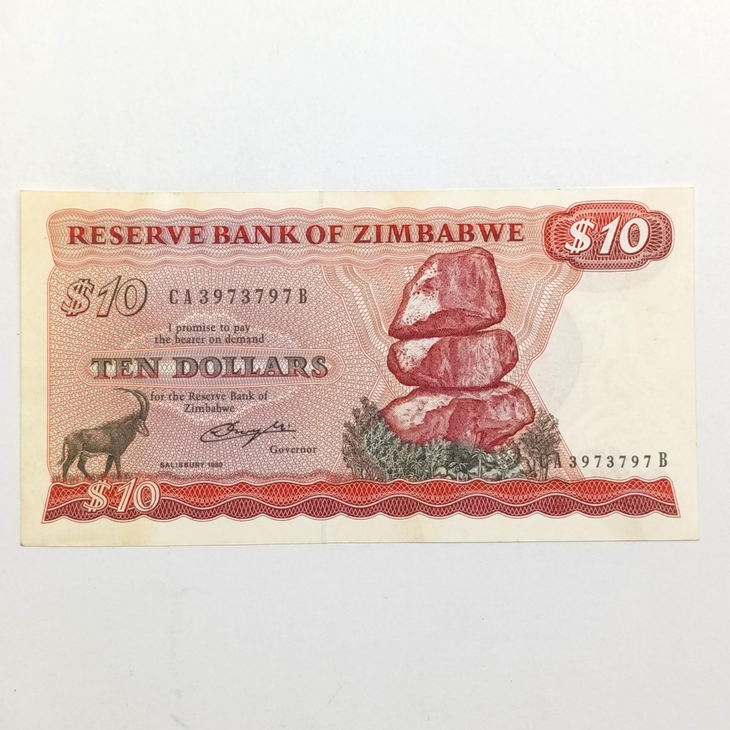 Zimbabwe $10 Salisbury 1980 uncirculated banknote - yellow discoloring