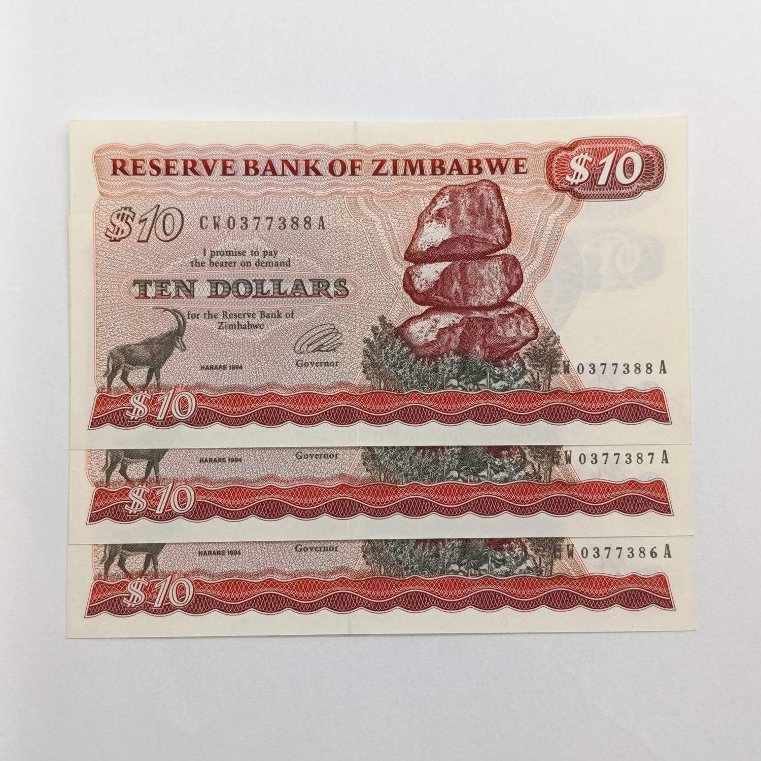 Zimbabwe 1994 Harare $10 pick 3e lot of 3 replacement with consecutive numbers - with original wrapper
