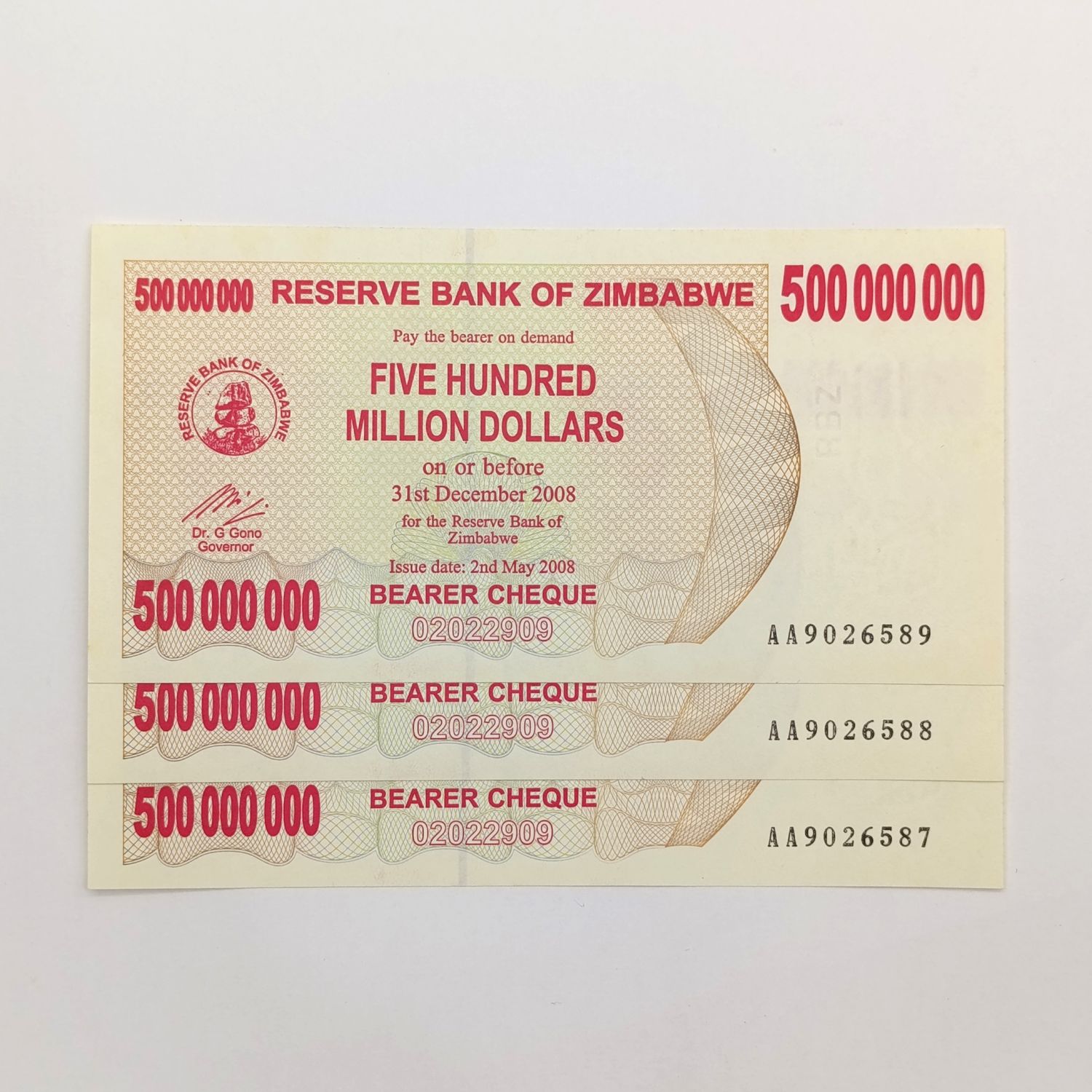 Zimbabwe 500 Million Bearer cheque issued 2nd May 2008 consecutive numbered lot of 3 banknotes - uncirculated AA notes