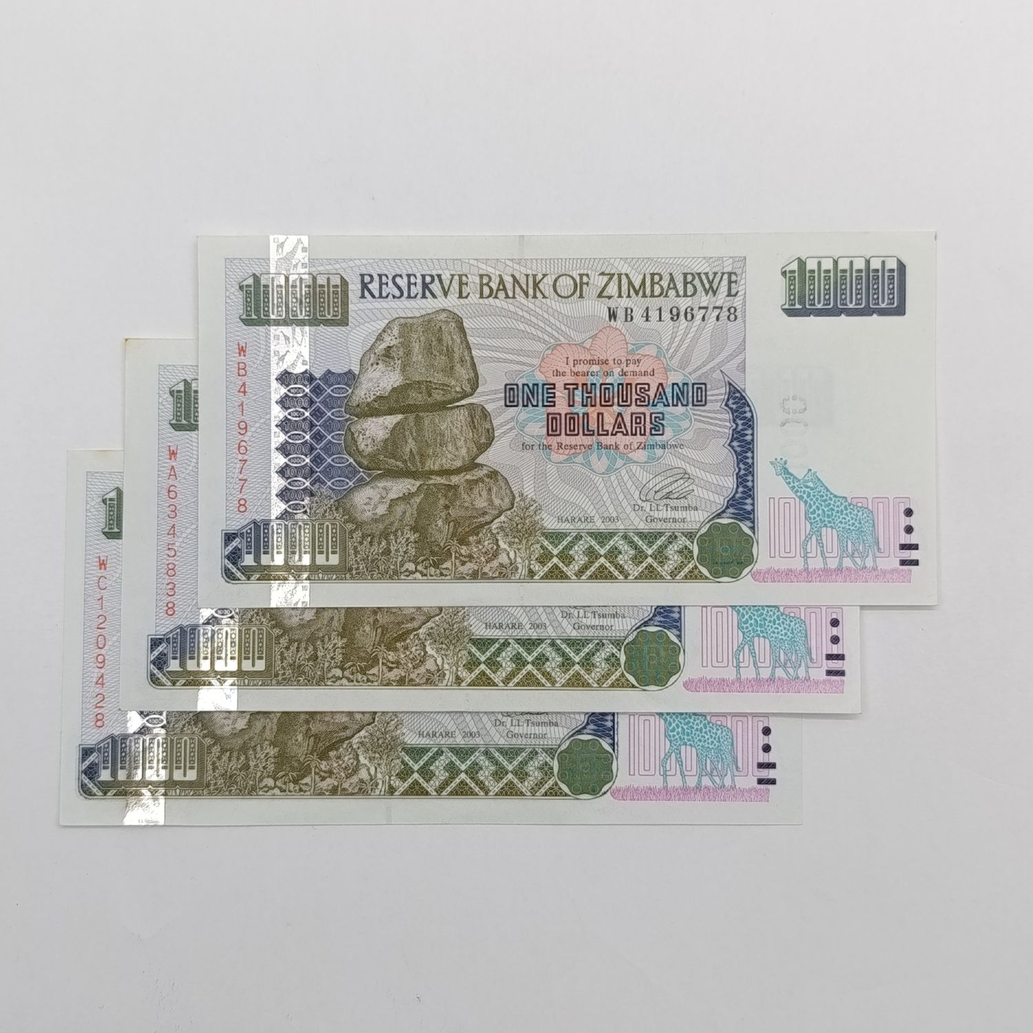 Zimbabwe $1000 Harare 2003 lot of 3 uncirculated banknotes - series WA,WB,WC