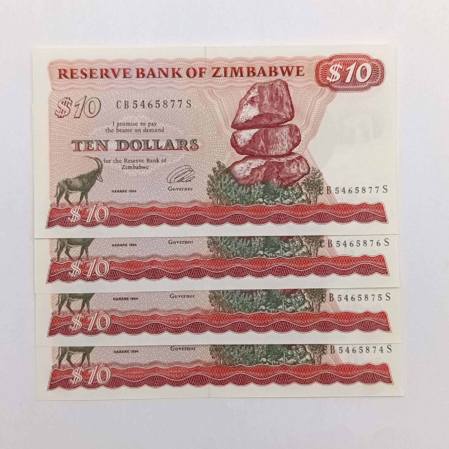 Zimbabwe 1994 Harare $10 Pick 3e uncirculated banknotes consecutive numbered lot of 4