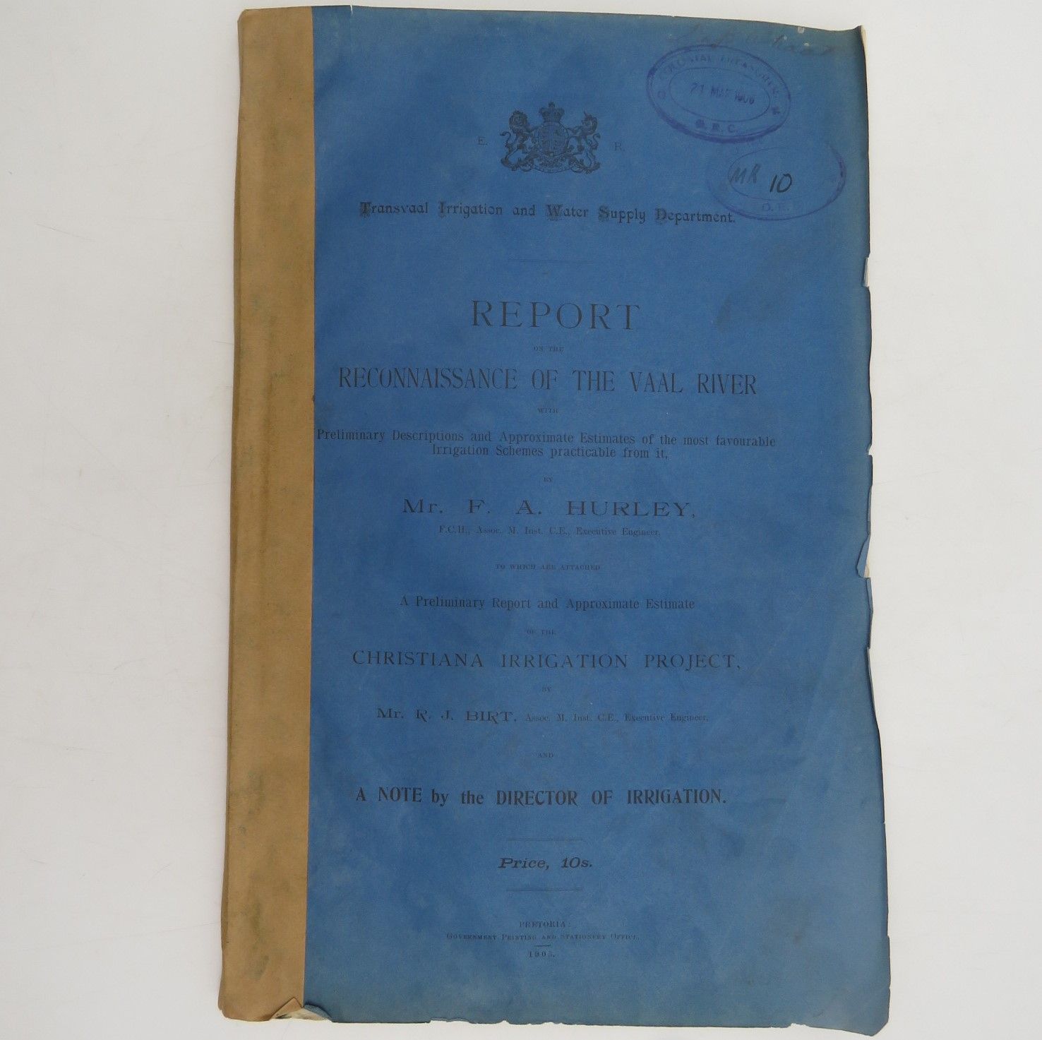 1905 Transvaal Irrigation and Water Supply department Report on the Reconnaissance of the Vaal River  Estimates of practical irrigation schemes plus report on the Christiana irrigation project various