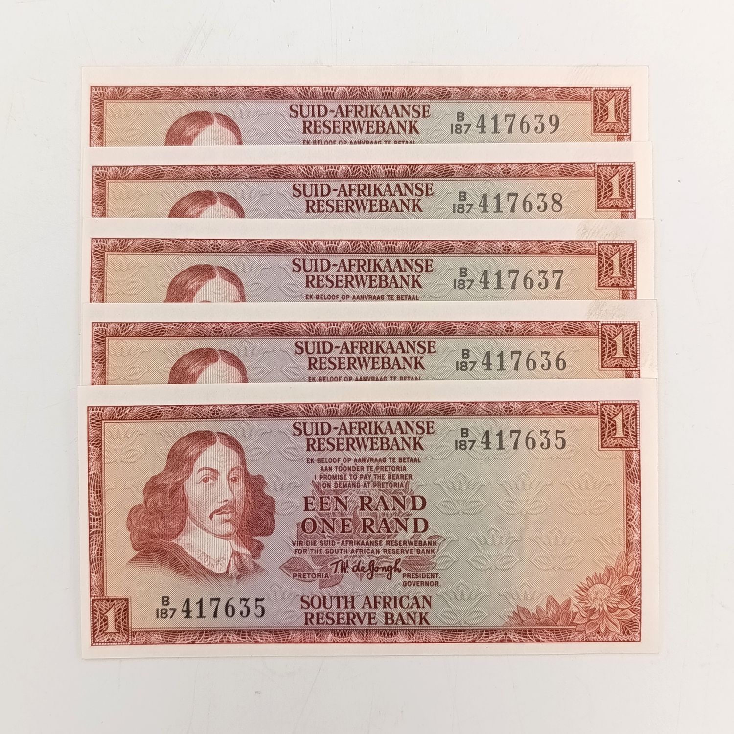 TW de Jongh lot of 5 uncirculated banknotes with consecutive numbers