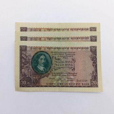 Lot of 3 Rissik D2 R20 banknotes with consecutive numbers unused but centre crease and other small imperfections