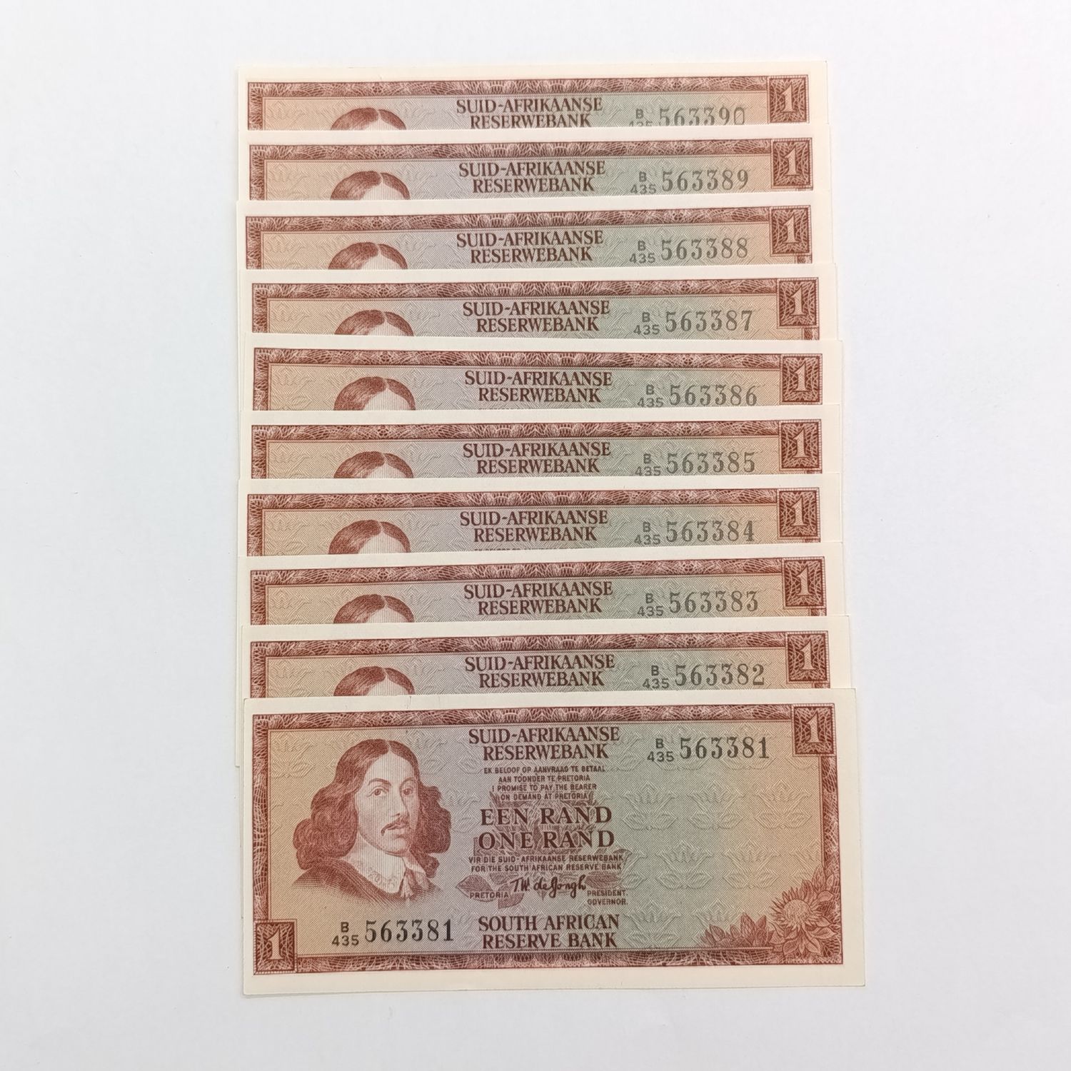 Lot of 10 TW de Jongh R1 notes - 3rd issue 1975 uncirculated with consecutive numbers