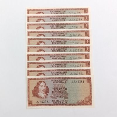 Lot of 10 TW de Jongh R1 notes - 3rd issue 1975 uncirculated with consecutive numbers
