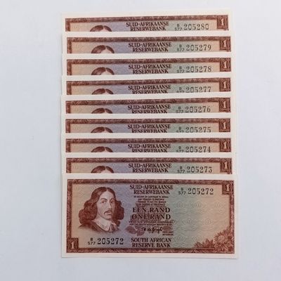 Lot of 9 TW de Jongh 1975 3rd issue R1 notes uncirculated with consecutive numbers