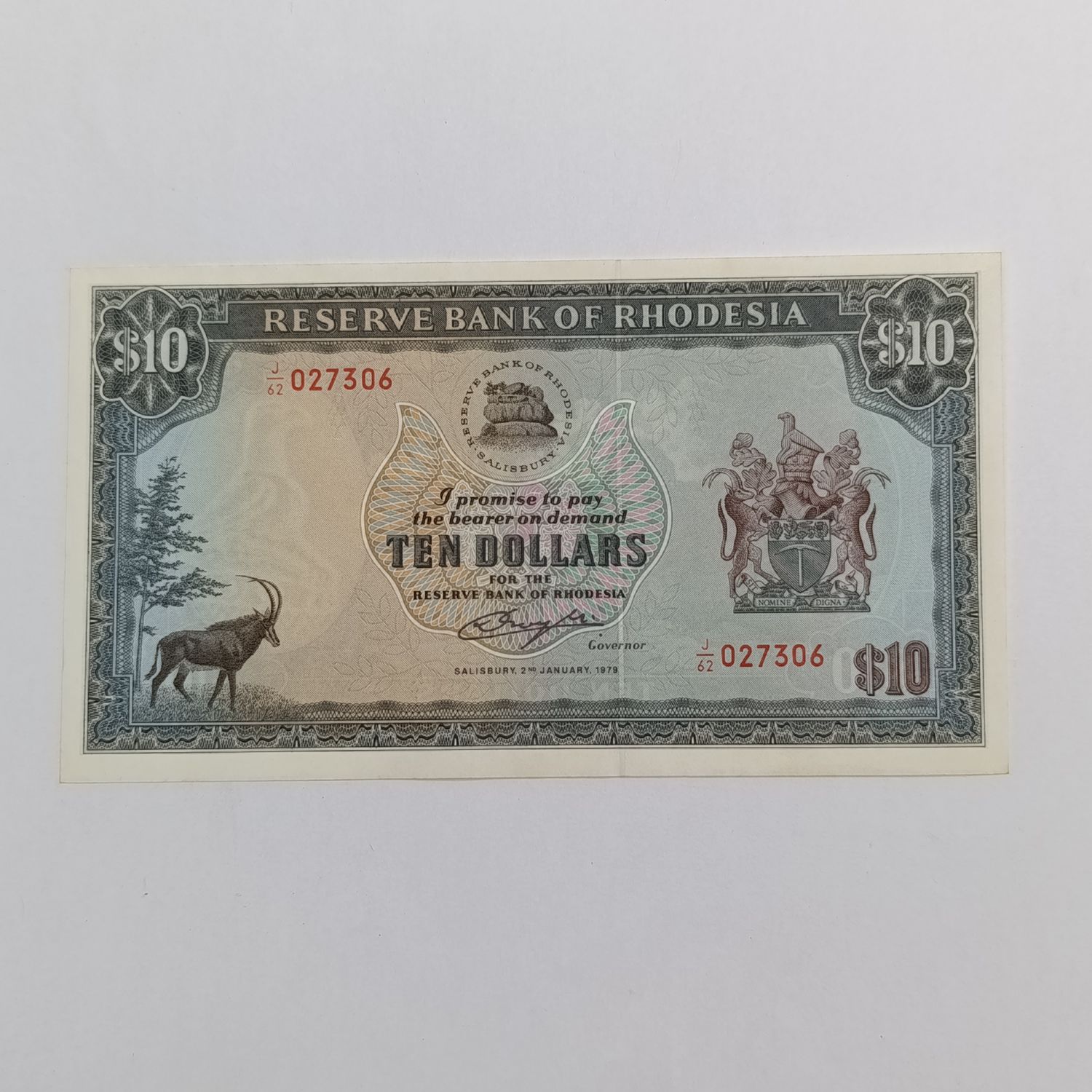 Rhodesia Ten dollars banknote 2 January 1979 very light top dents but uncirculated