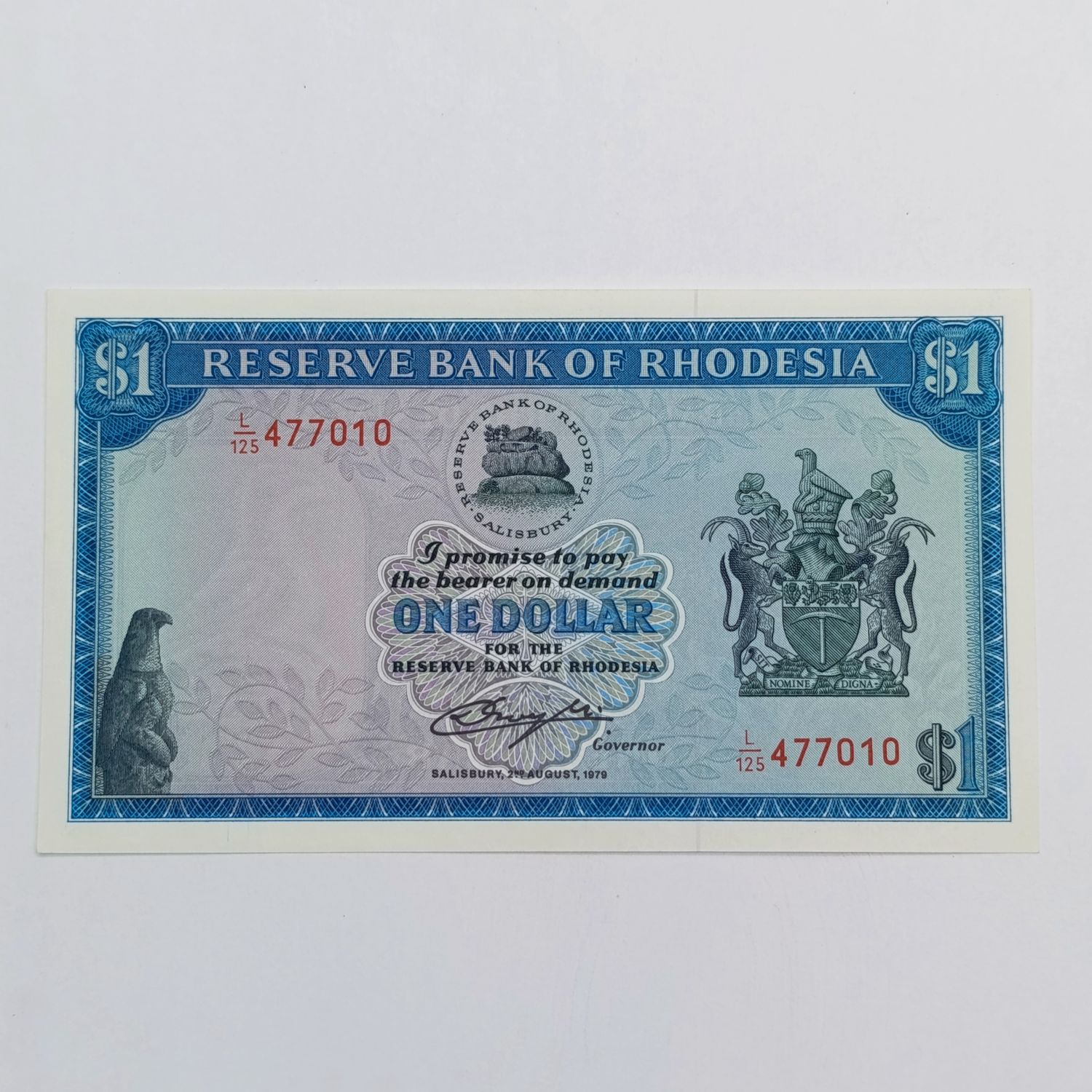 Rhodesia One dollar banknote 2 August 1979 uncirculated bird watermark