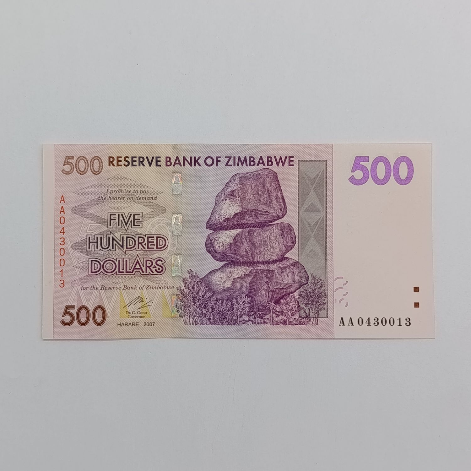 Zimbabwe $500 Harare 2007 uncirculated banknote - AA serial