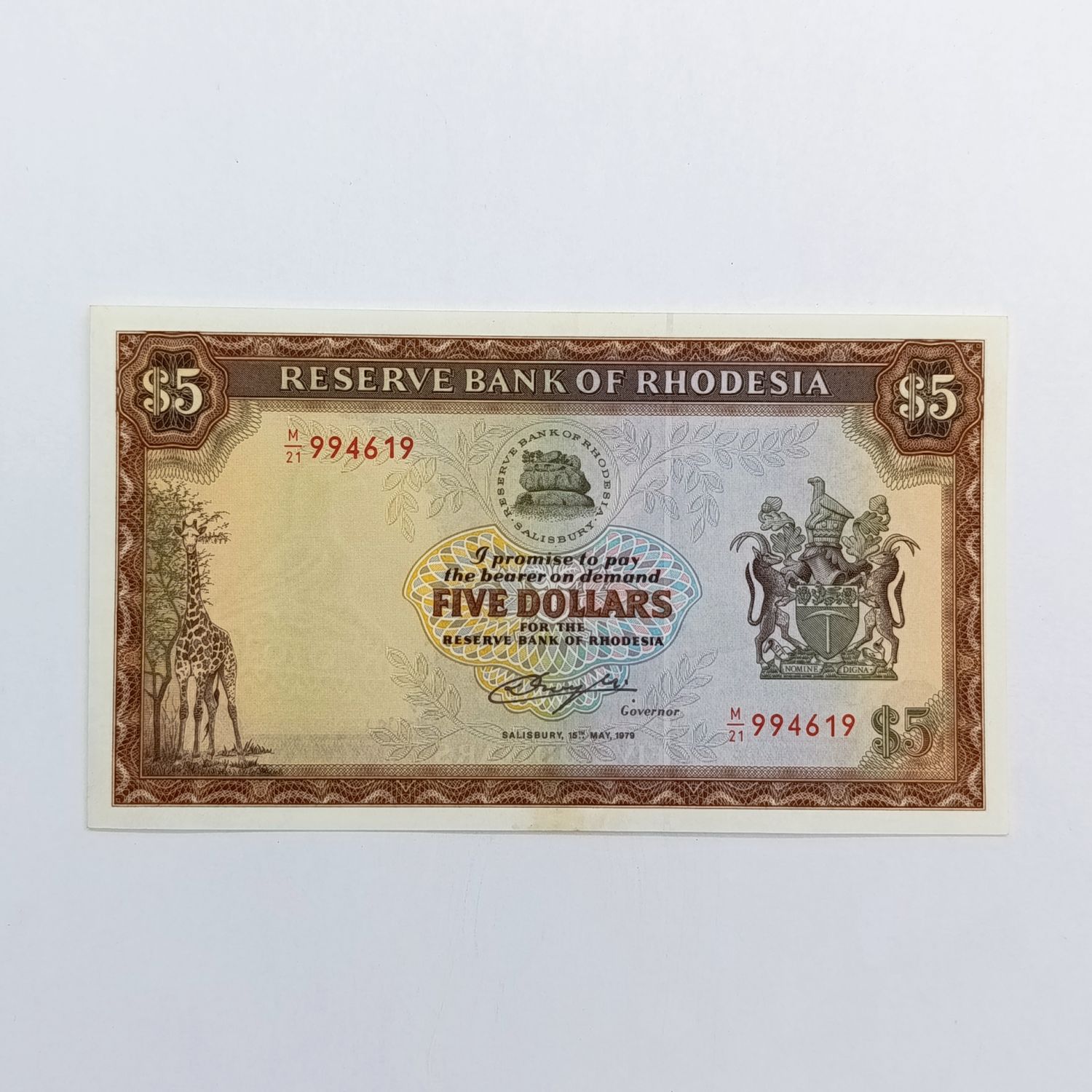 Rhodesia Five dollars banknote 15 May 1979 uncirculated - stain at bottom