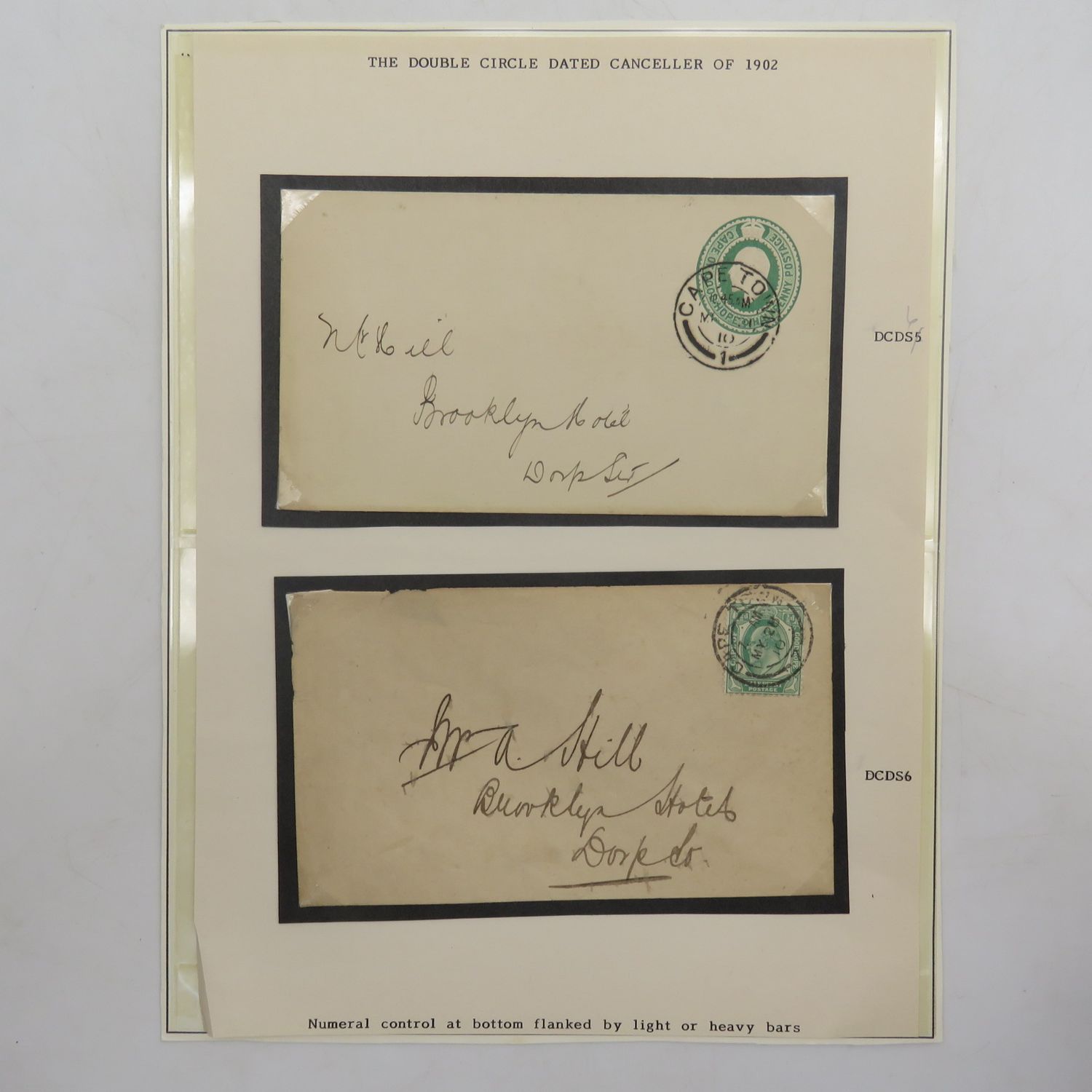 Pair of Envelopes Cape Town to the Brooklyn Hotel in Dorp St. Both with Double Circle dated cancellers - one with numeral control flanked by light bars and one flanked by heavy bars.