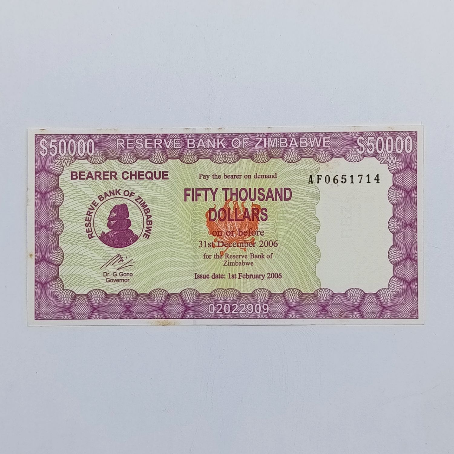 Zimbabwe 50 Thousand dollars 1 Feb 2006 Bearer cheque