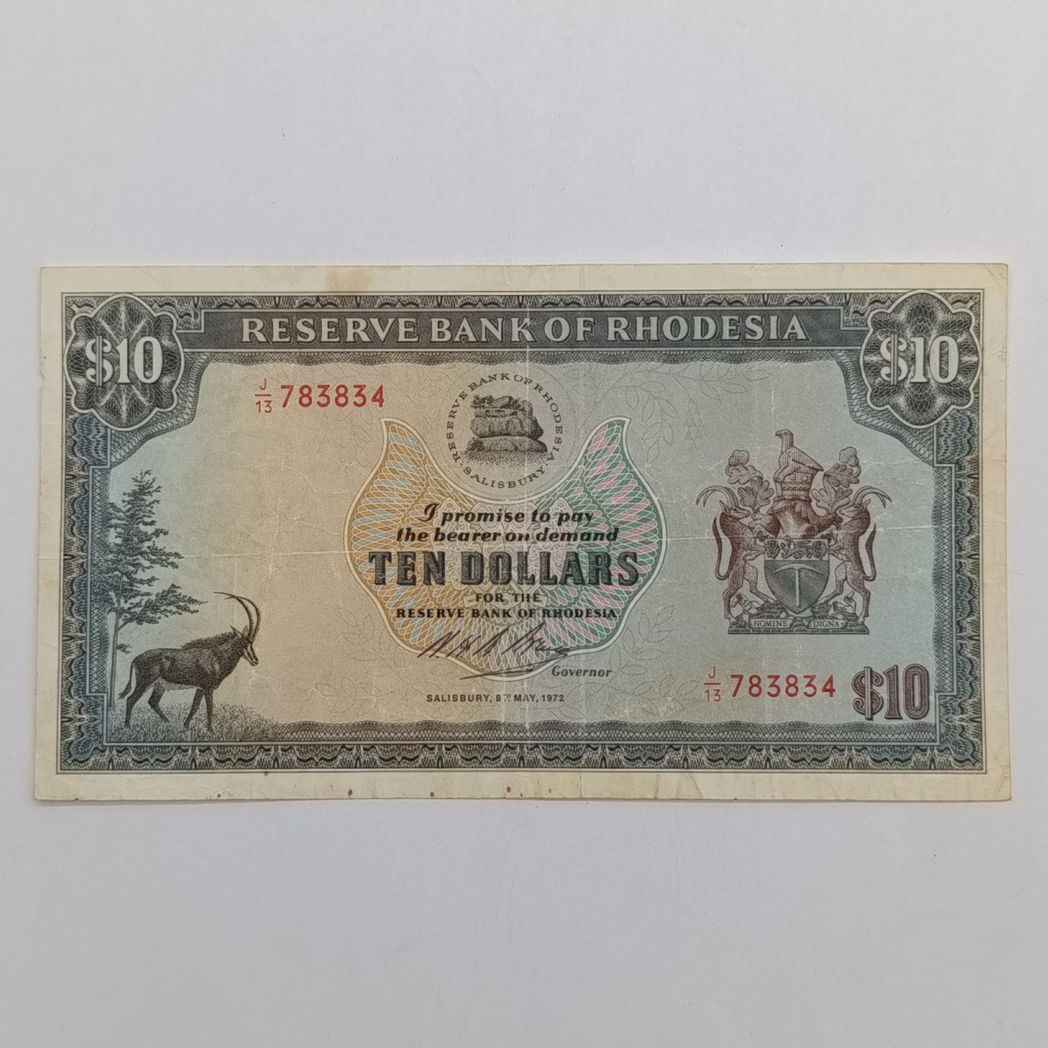 Rhodesia Ten dollars banknote 8 May 1972 - aVF