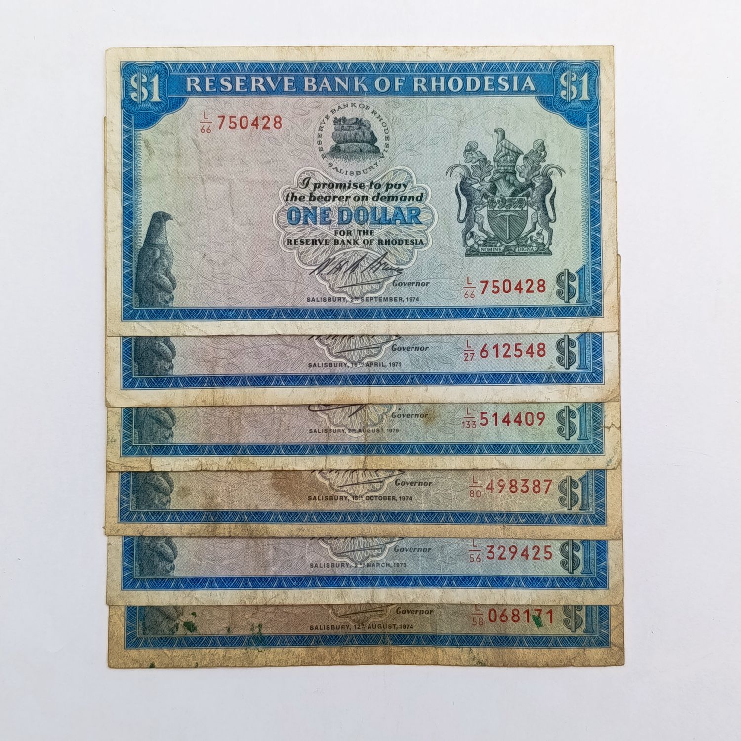 Rhodesia $1 Banknote collection 6 different issues