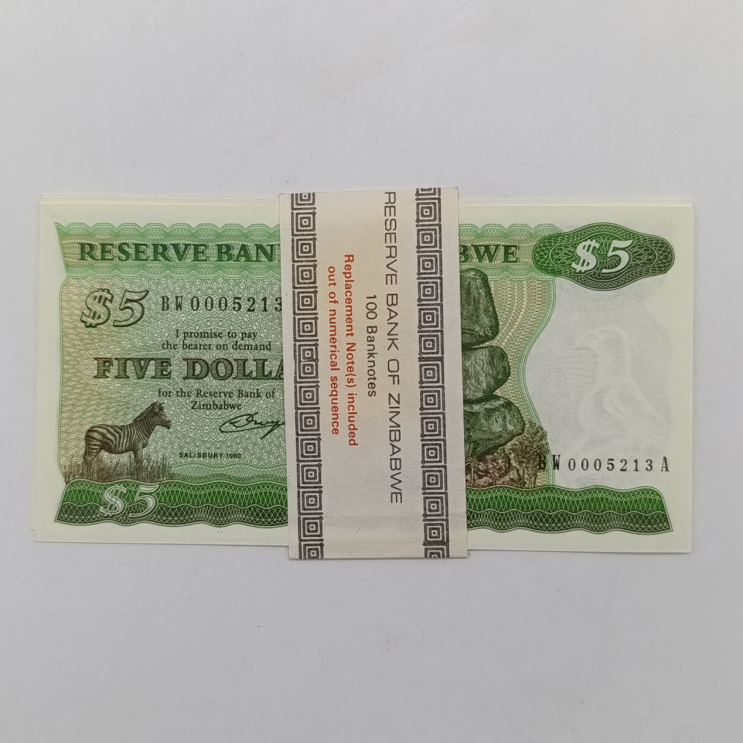 Zimbabwe $5 uncirculated  banknotes pick Salisbury 1980 lot of 4 replacement banknotes with original wrapper