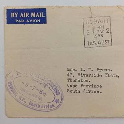Postal History 1958 letter from Hobart, Australia to Thornton, South Africa with Airmail tag and Private rubber cancellation - 2 shilling Australia stamp